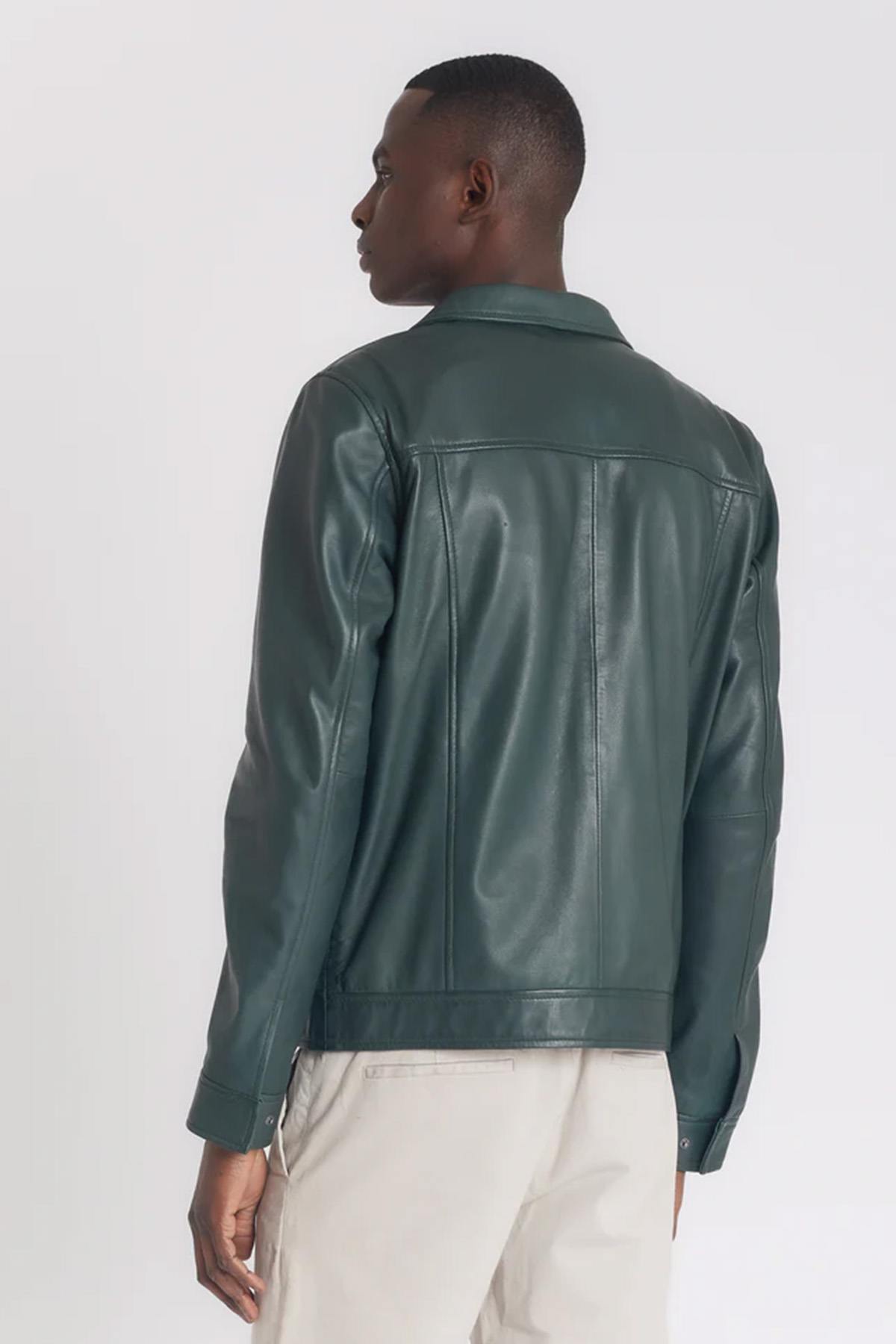 Green washed leather shirt collar jacket - Image n°2