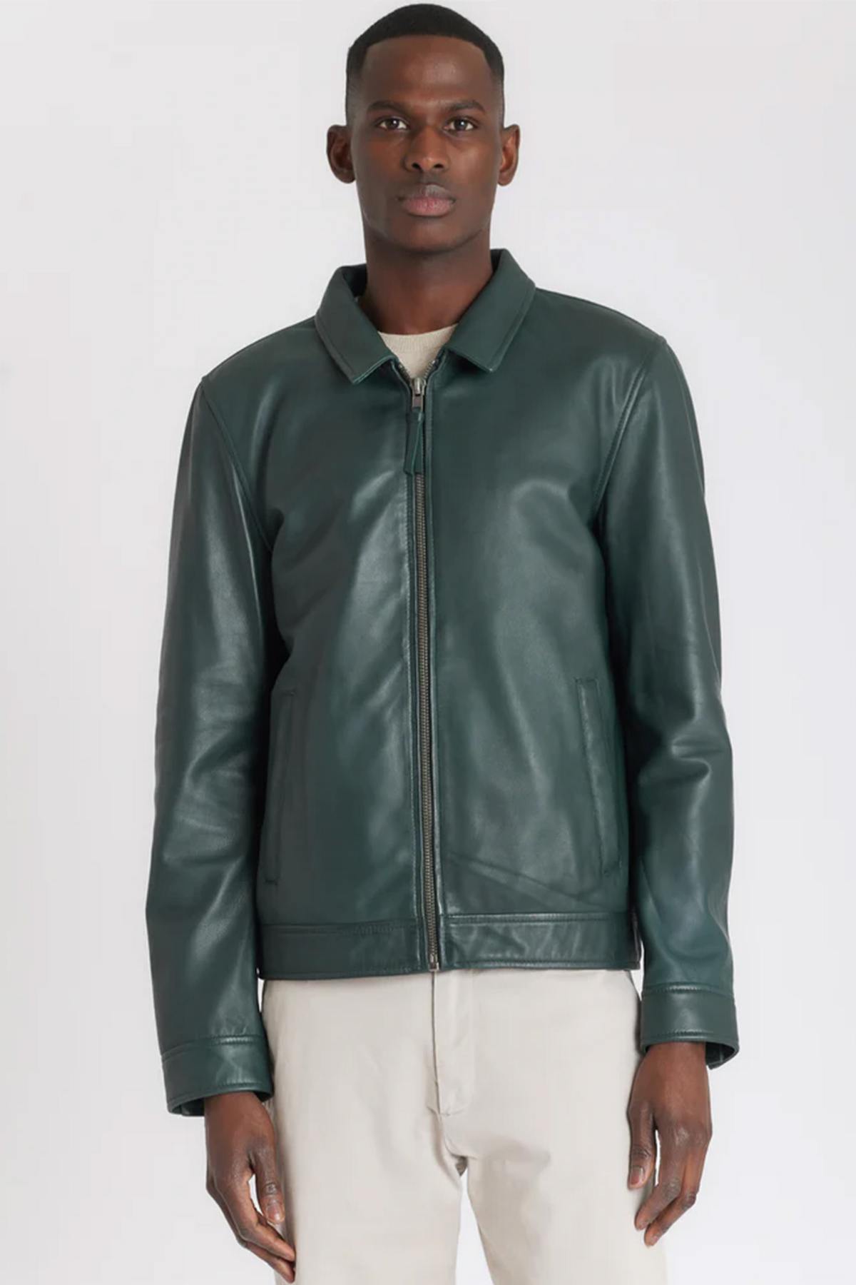 Green washed leather shirt collar jacket - Image n°4