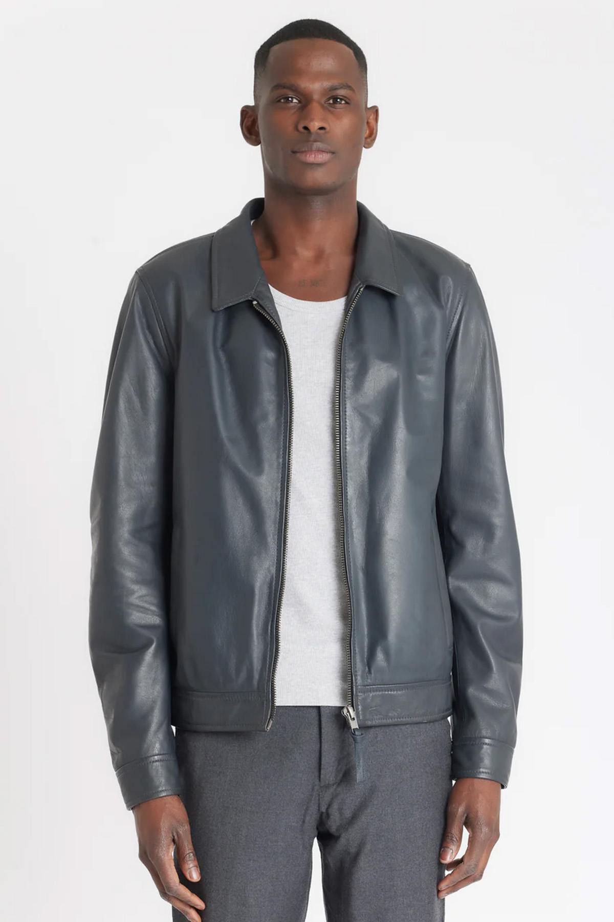 Anthracite washed leather shirt collar jacket - Image n°2