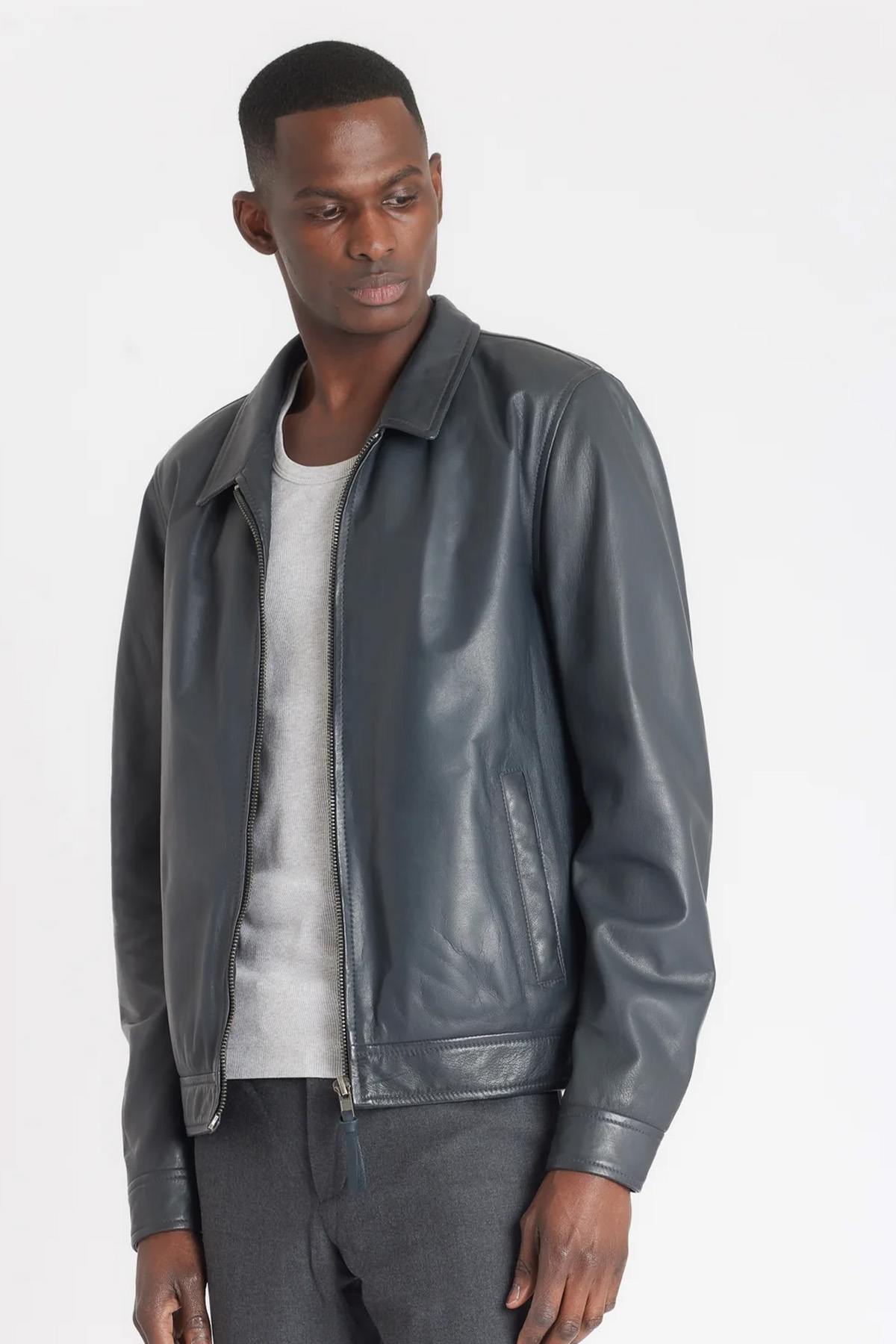 Anthracite washed leather shirt collar jacket - Image n°1