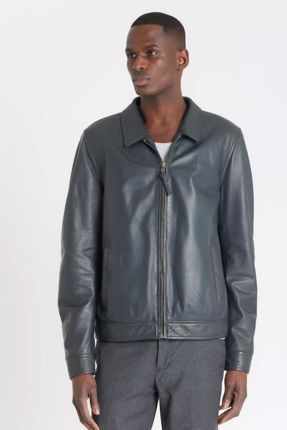 Anthracite washed leather shirt collar jacket - Image n°5