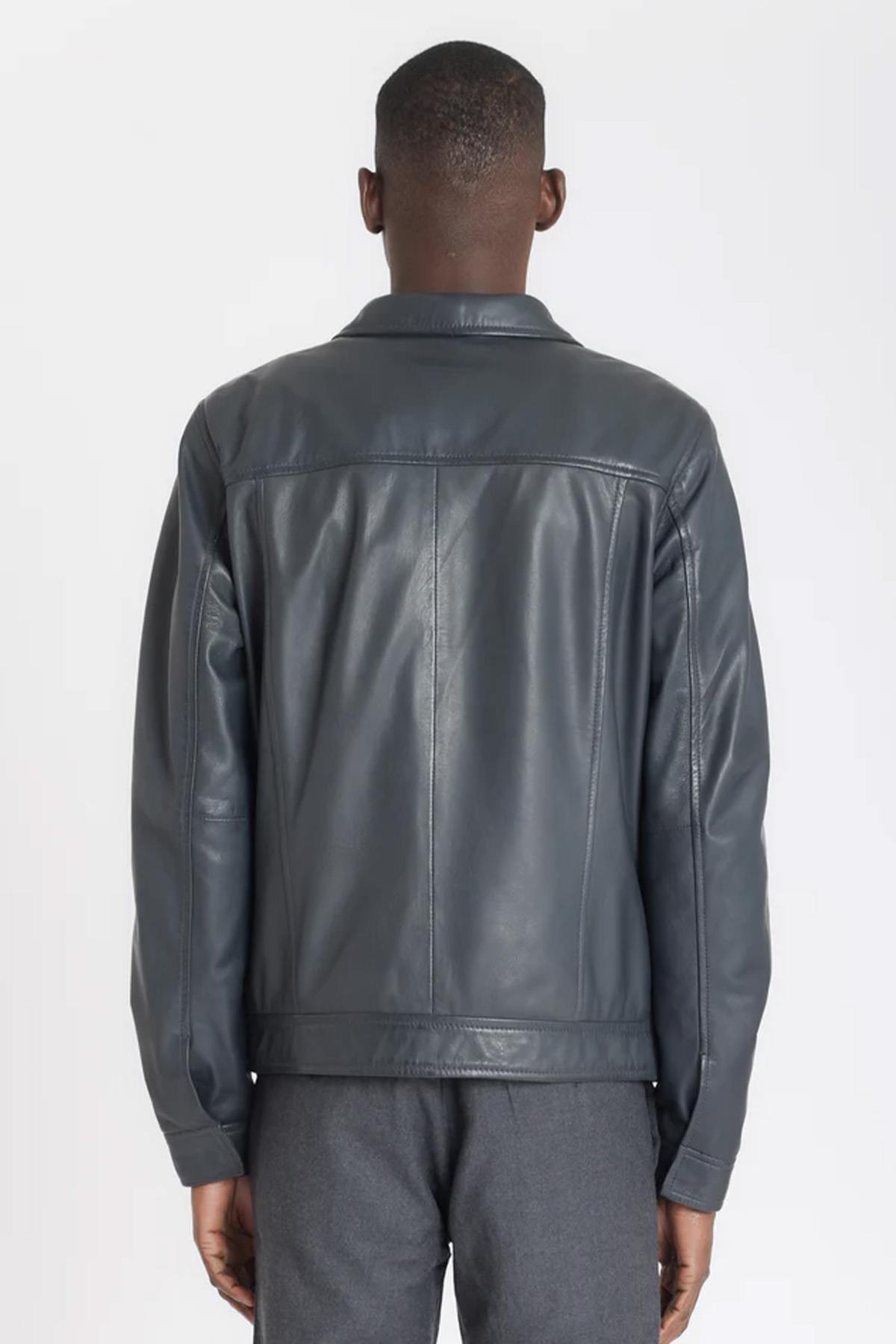 Anthracite washed leather shirt collar jacket - Image n°4