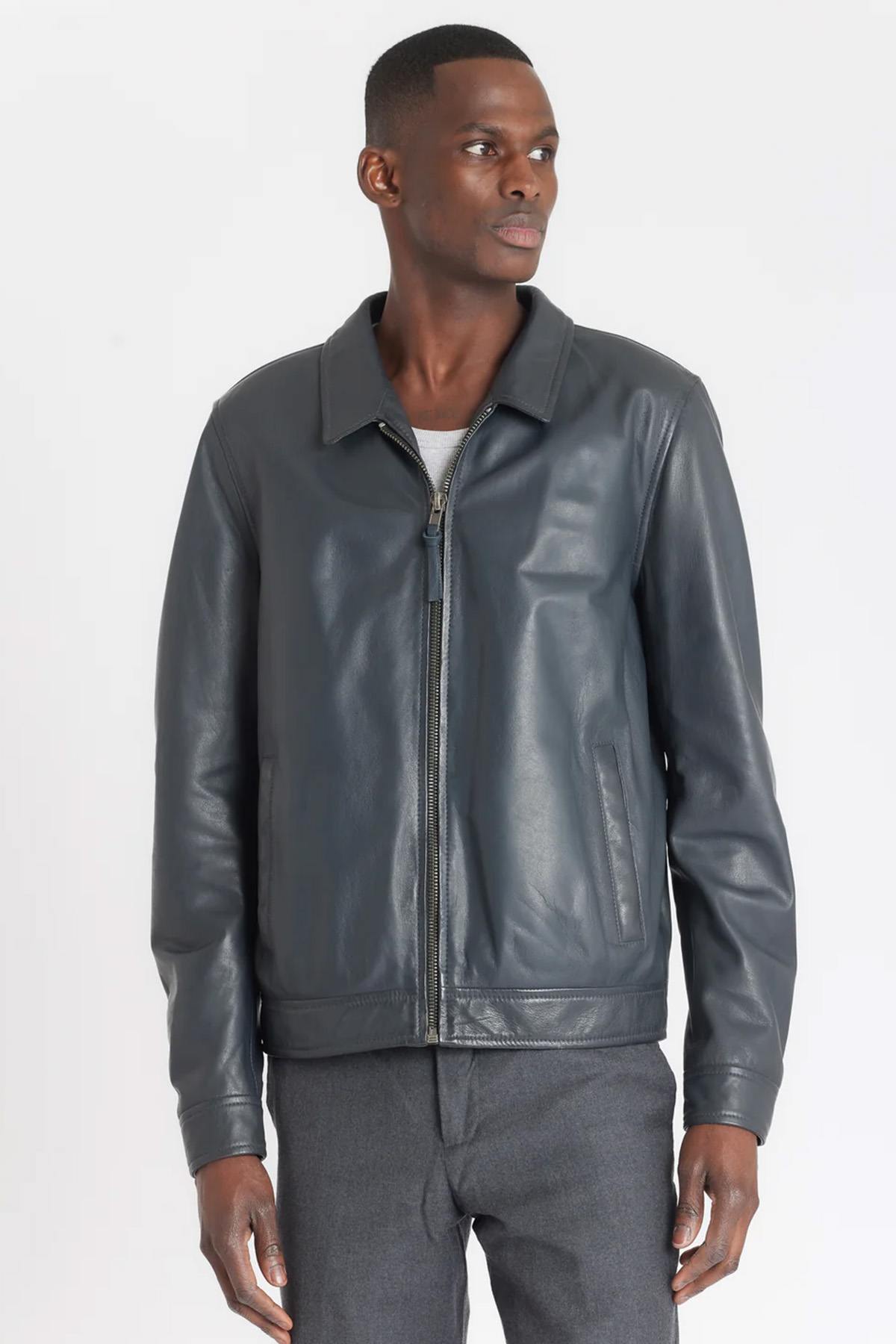 Anthracite washed leather shirt collar jacket - Image n°3