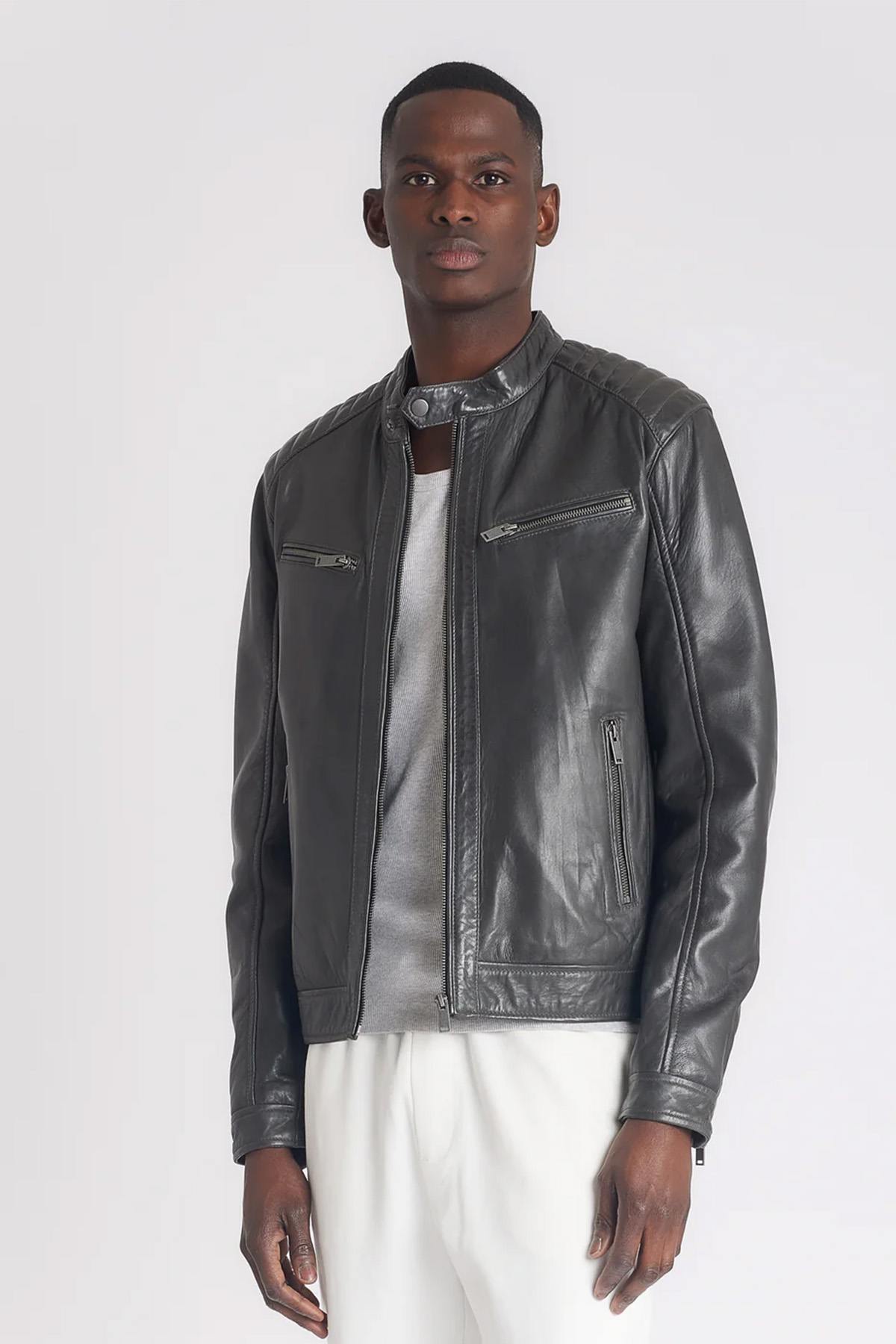 Anthracite biker collar leather jacket - Image n°1