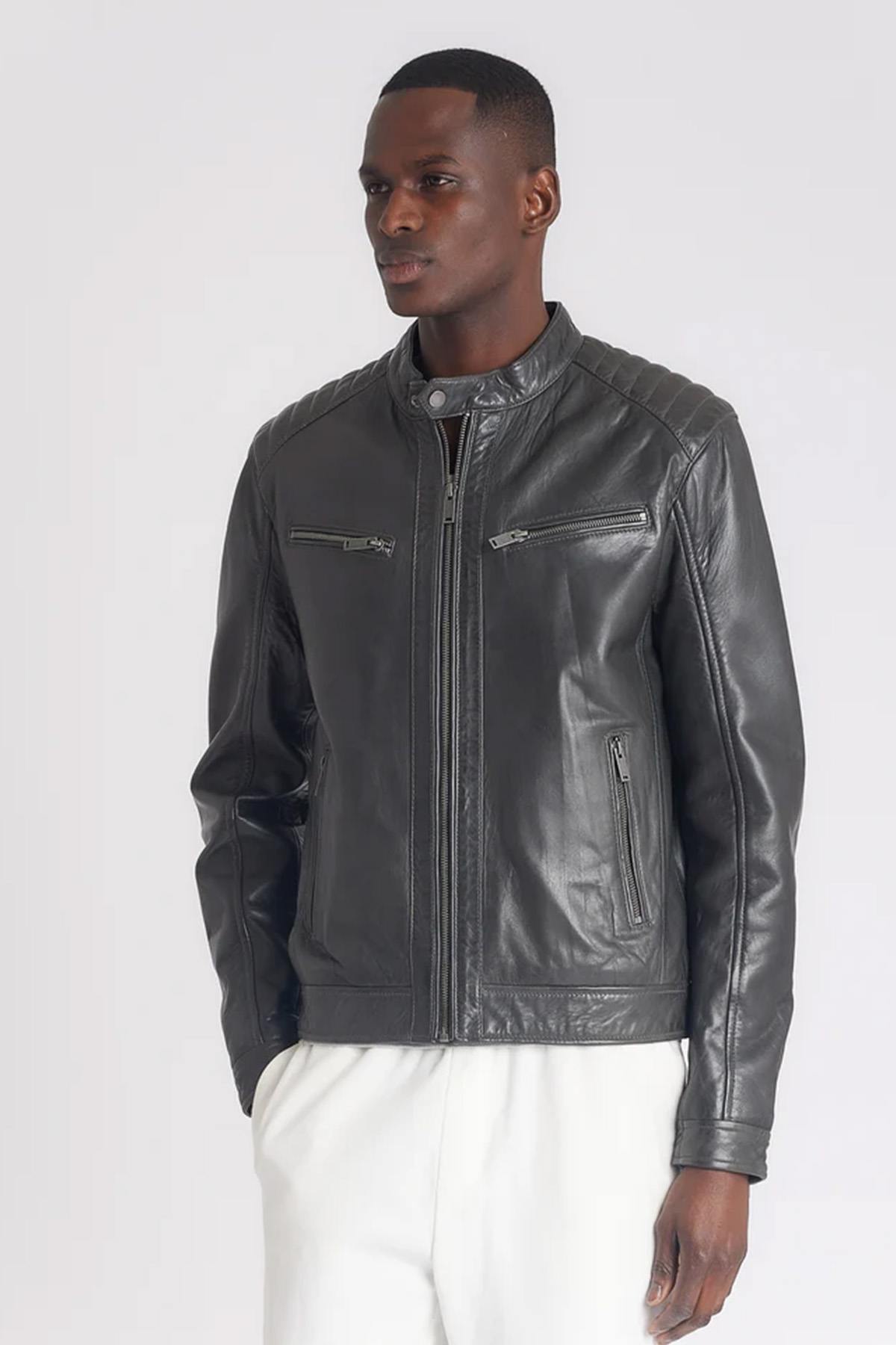 Anthracite biker collar leather jacket - Image n°3