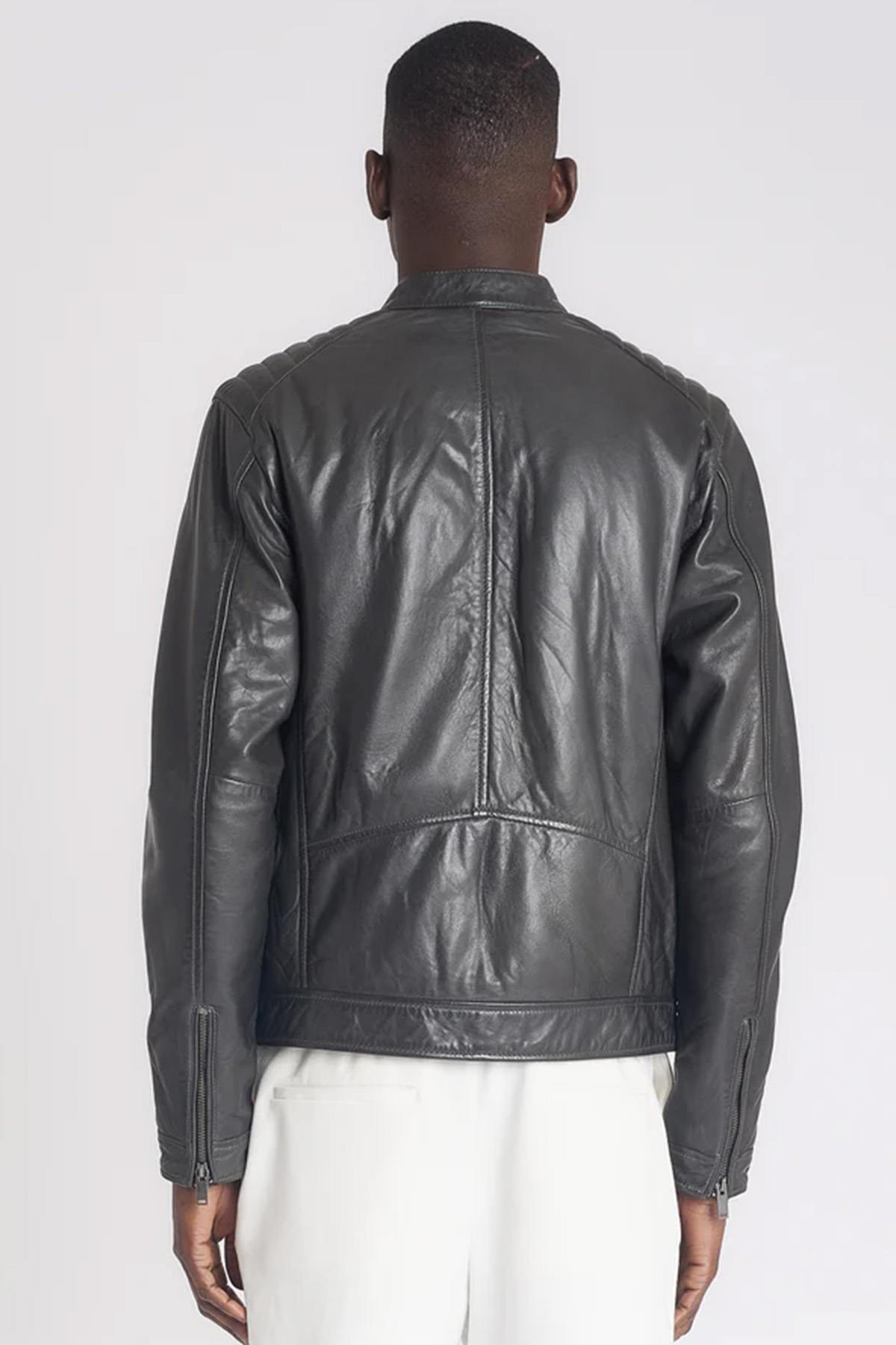 Anthracite biker collar leather jacket - Image n°2