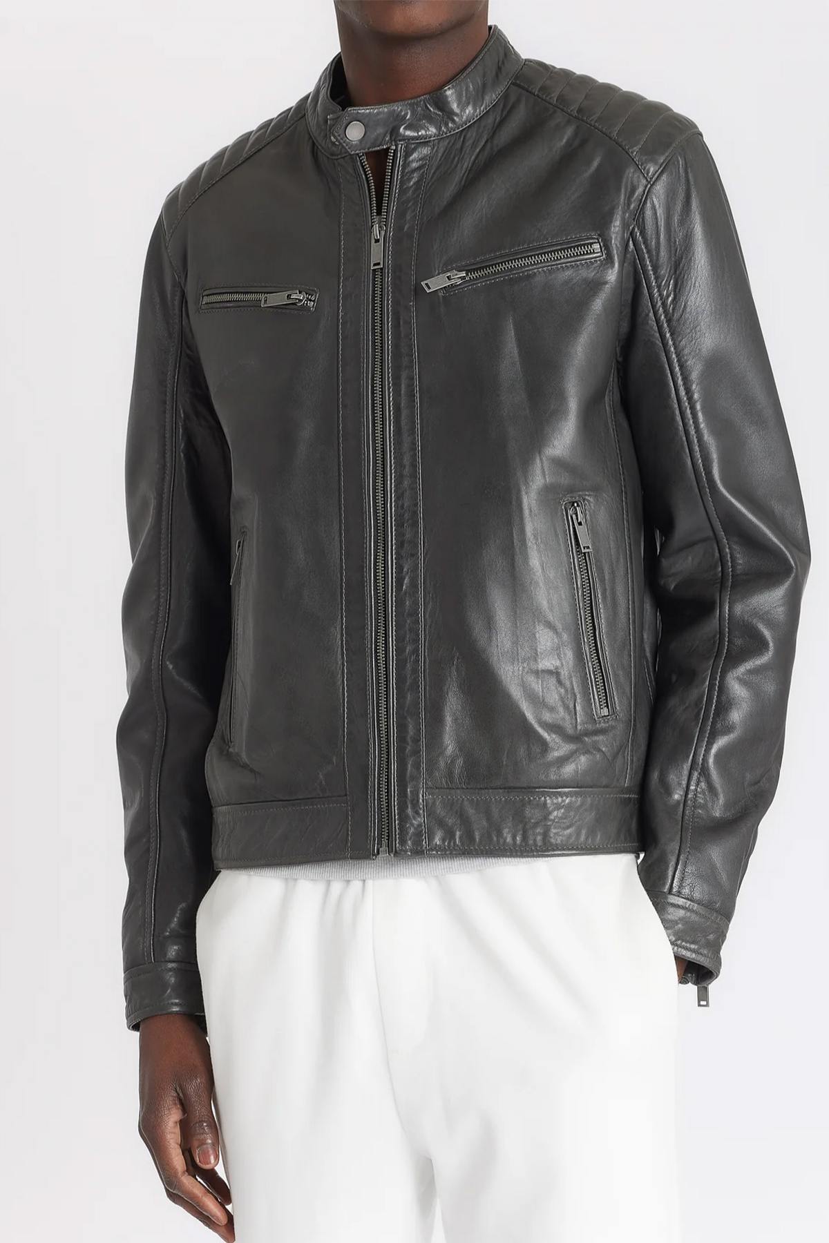 Anthracite biker collar leather jacket - Image n°4