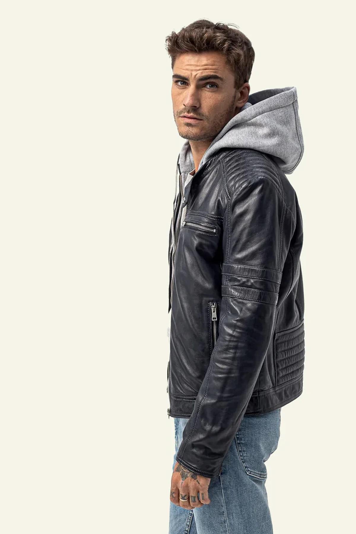 Navy blue biker collar leather jacket with removable grey hood - Image n°3