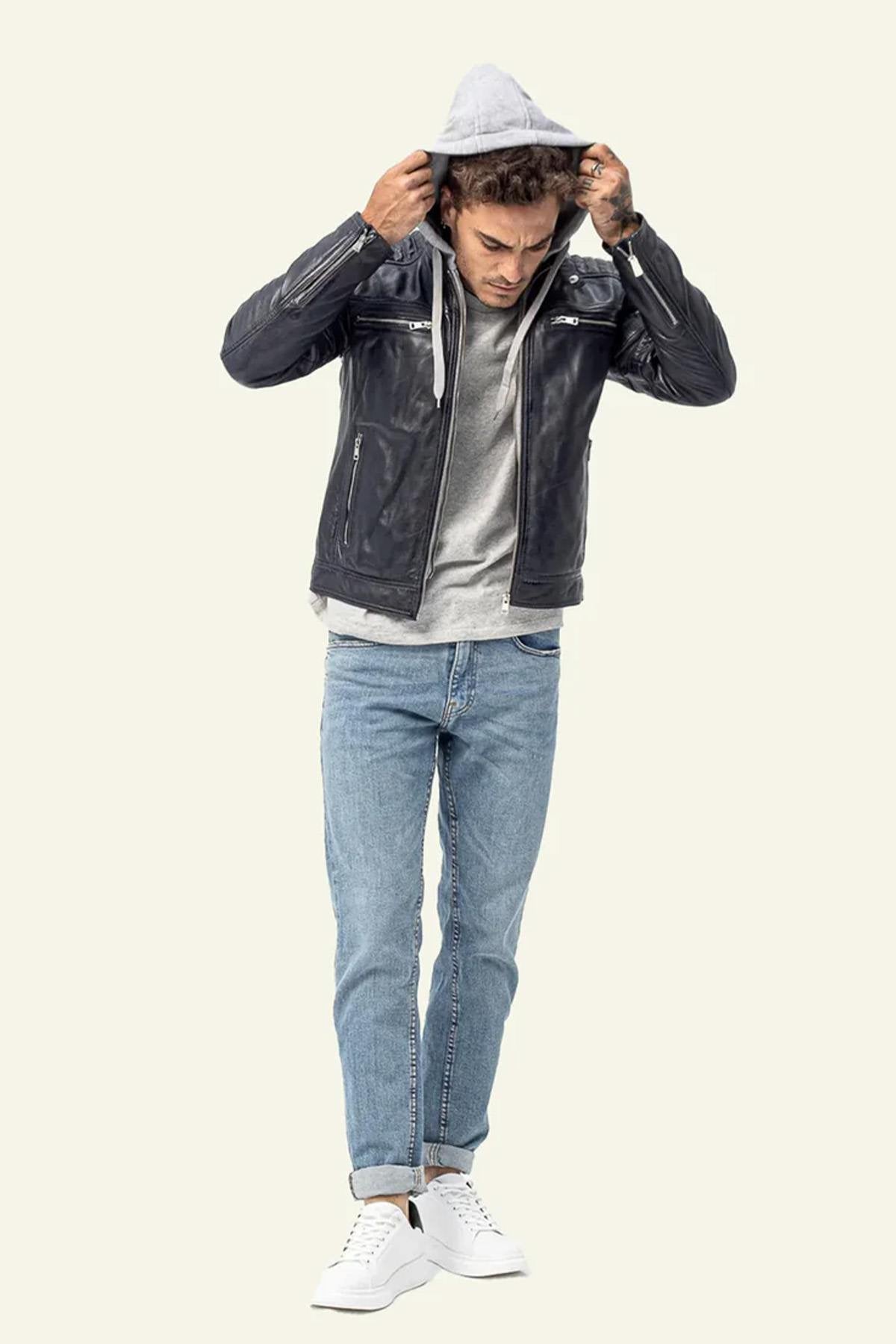 Navy blue biker collar leather jacket with removable grey hood - Image n°2