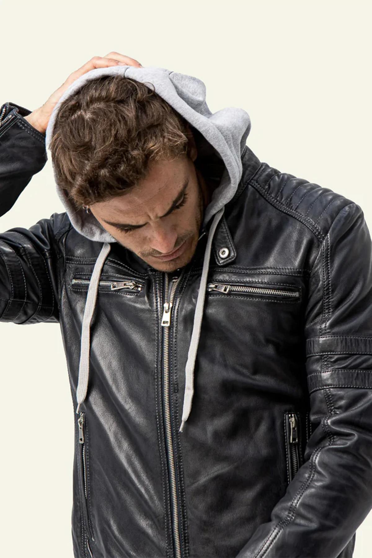 Navy blue biker collar leather jacket with removable grey hood - Image n°4