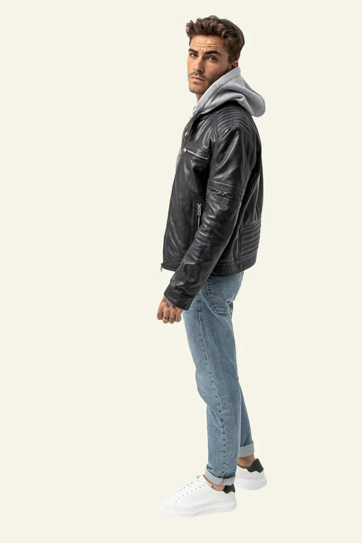 Navy blue biker collar leather jacket with removable grey hood - Image n°5