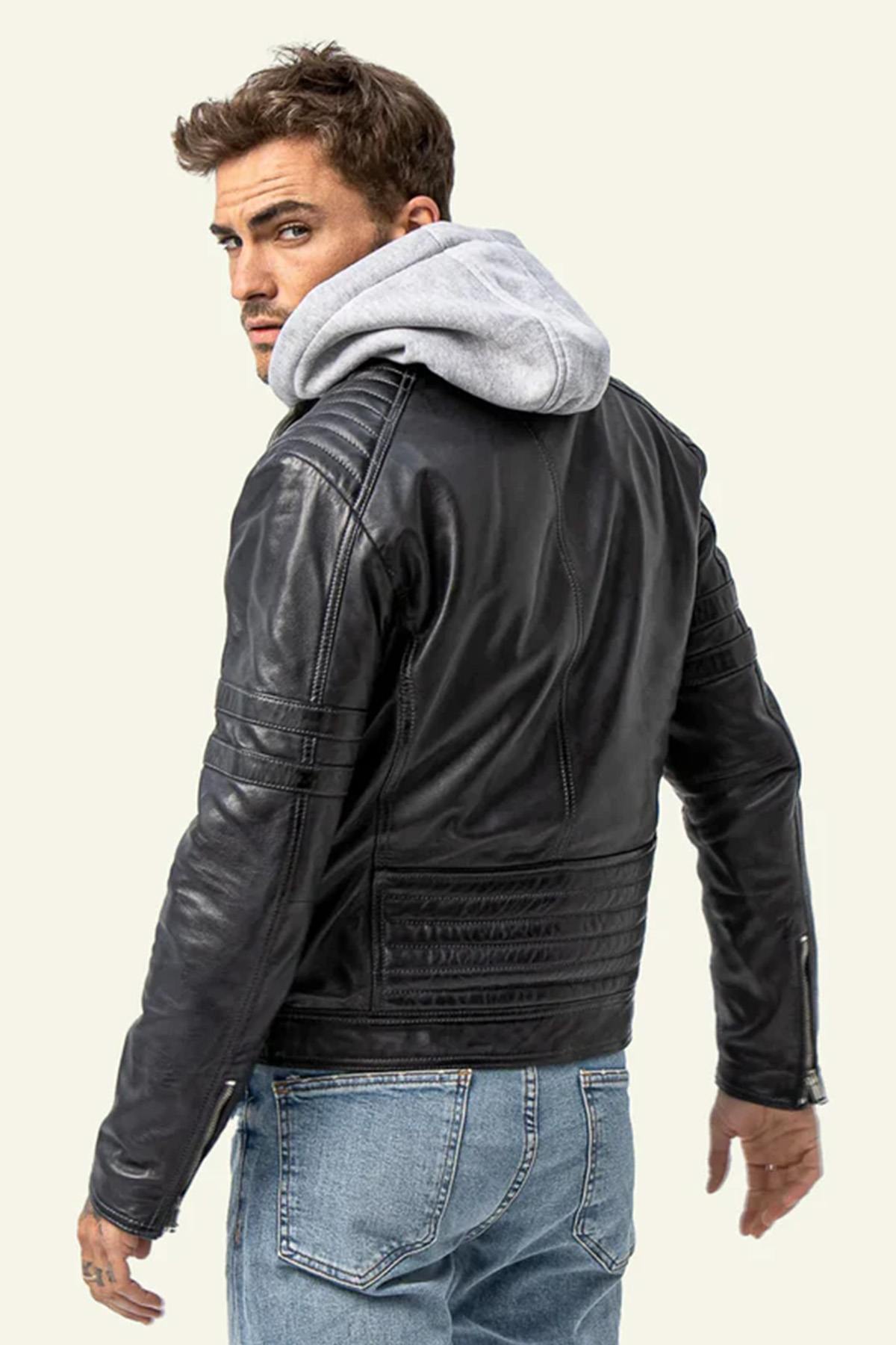 Navy blue biker collar leather jacket with removable grey hood - Image n°1