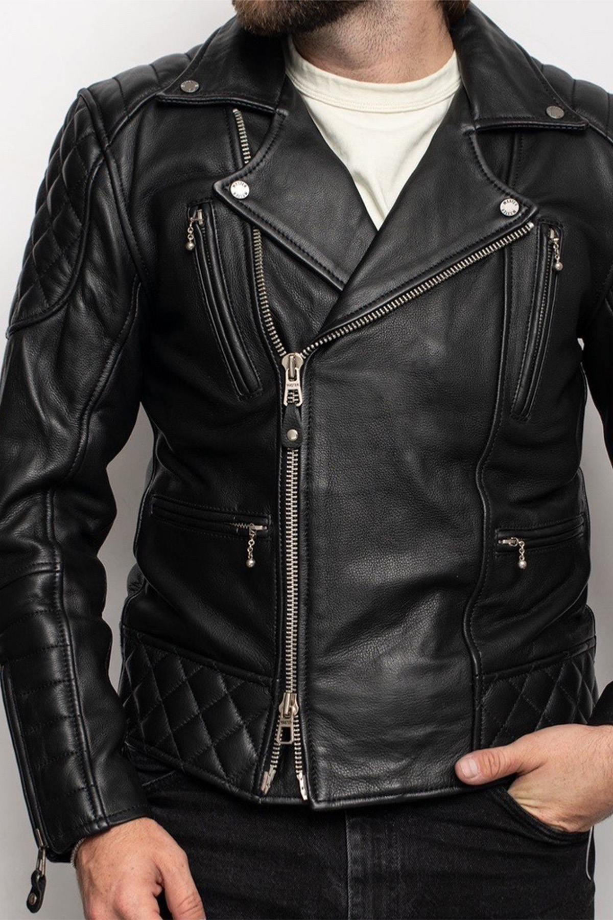 Black leather biker jacket with quilting - Image n°1