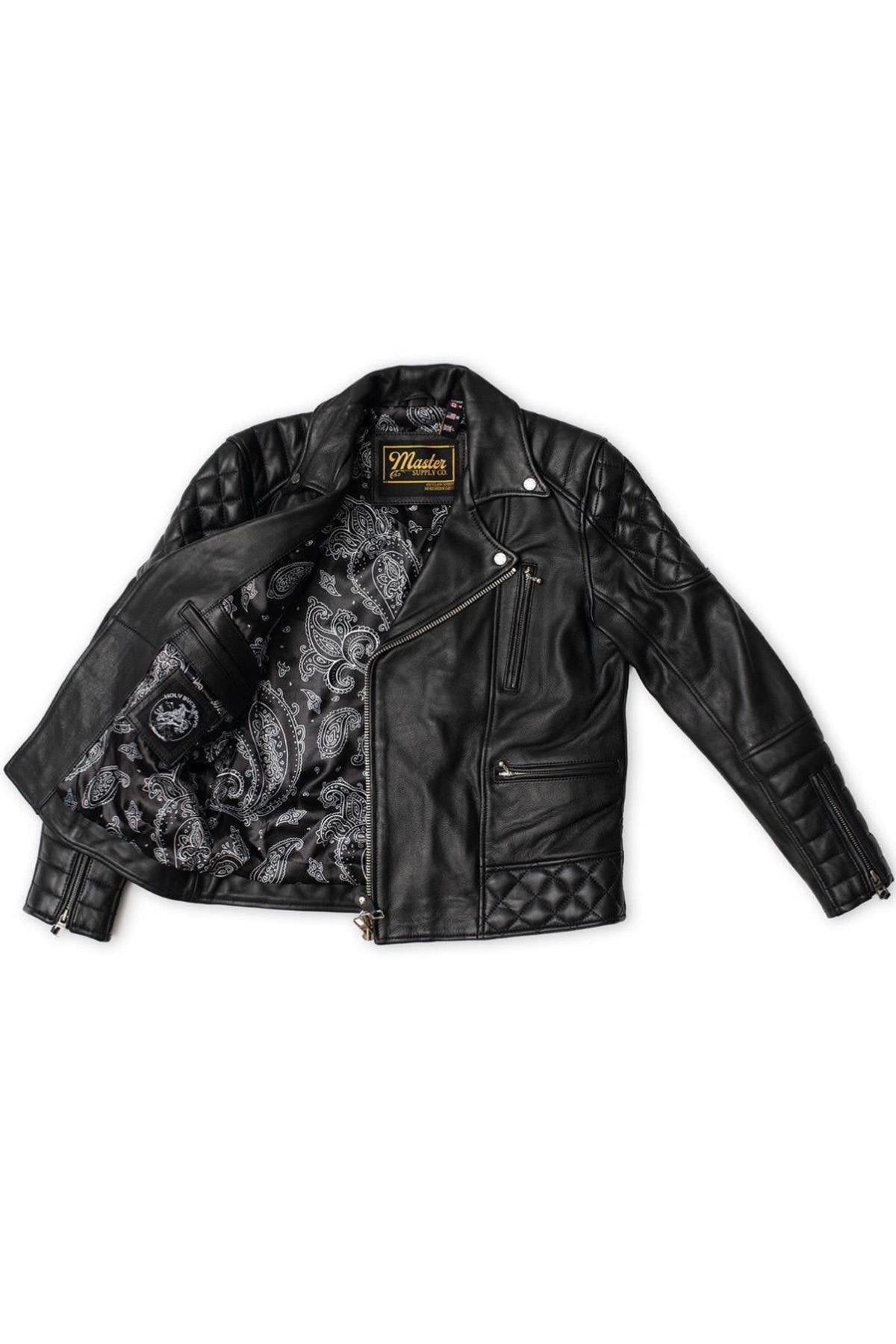 Black leather biker jacket with quilting - Image n°3