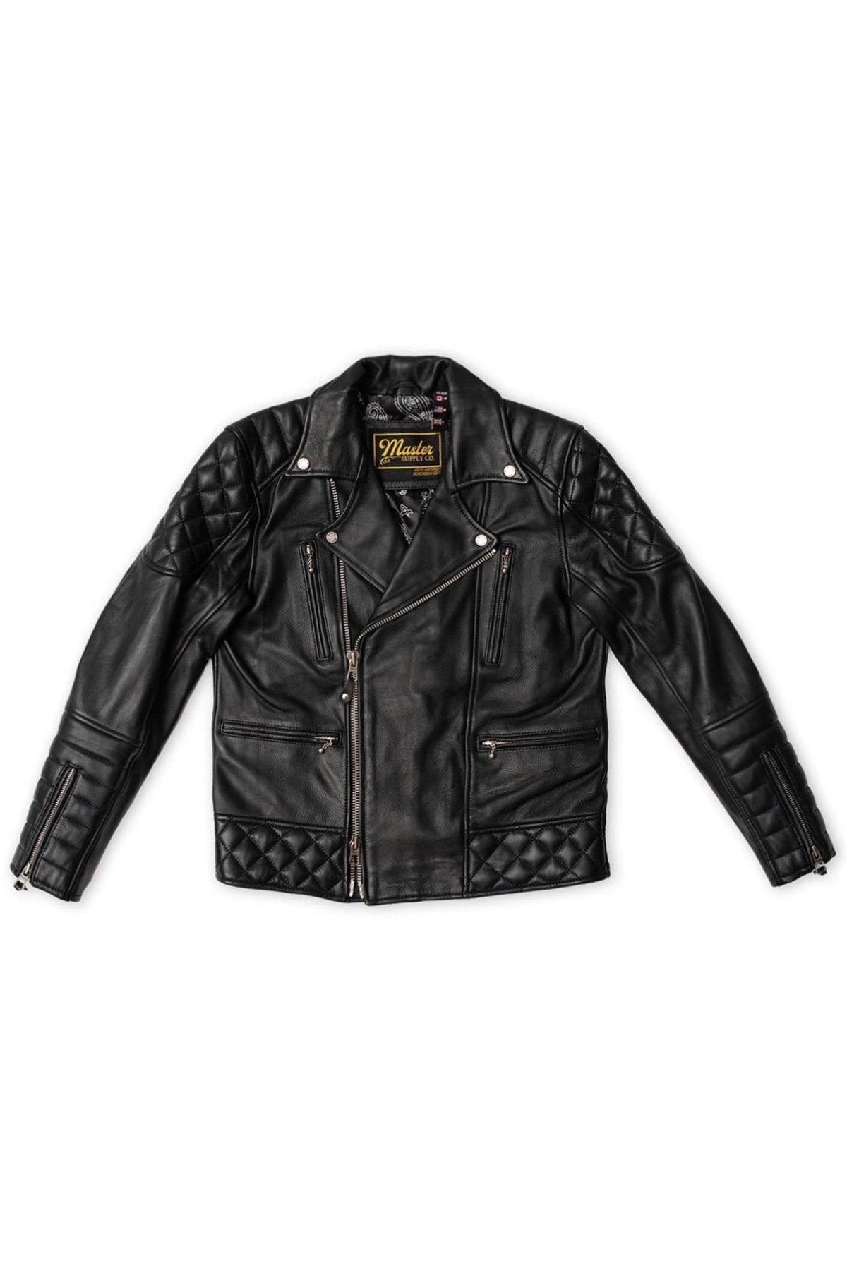 Black leather biker jacket with quilting - Image n°2