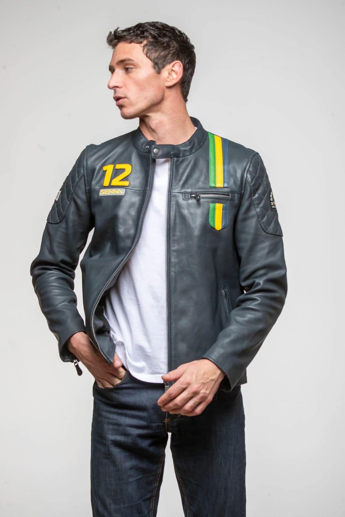 Ayrton Senna Navy Blue Racing Biker Collar Leather Jacket - Image n°3