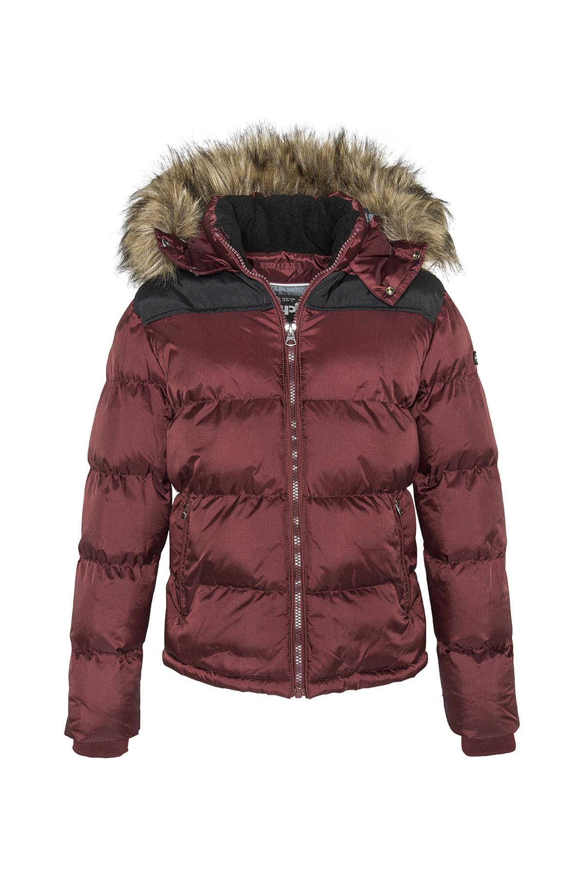 Burgundy hooded down jacket with black shoulders - Image n°1