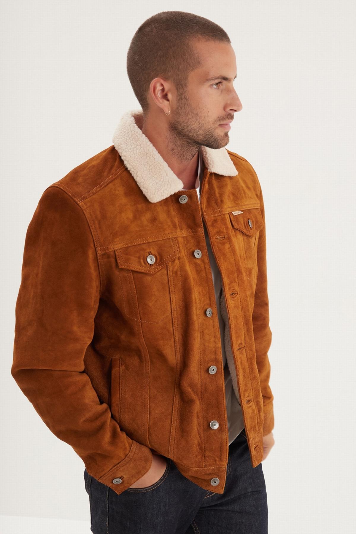 Cognac suede leather jacket with sherpa fleece lining - Image n°1