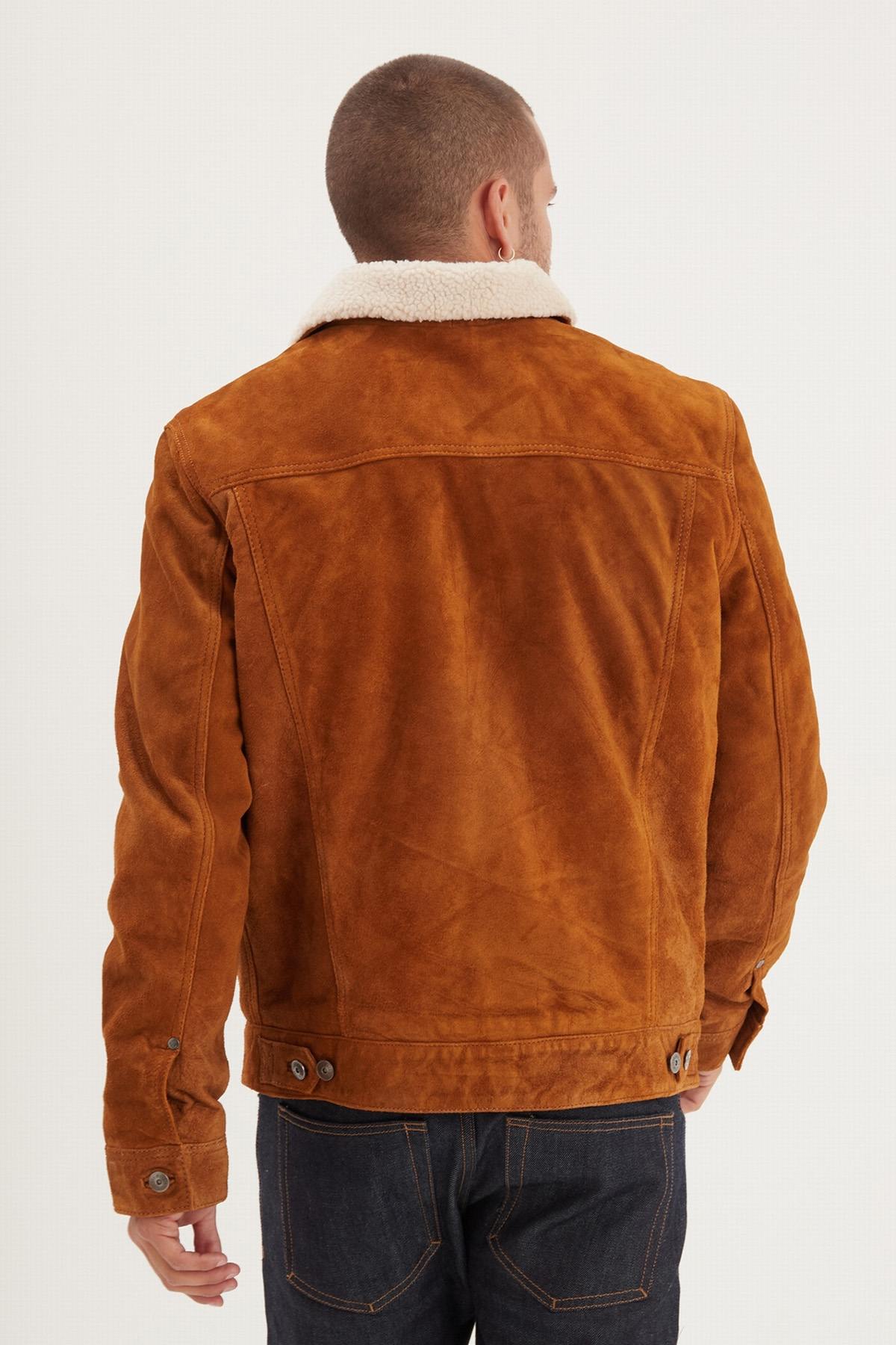 Cognac suede leather jacket with sherpa fleece lining - Image n°3