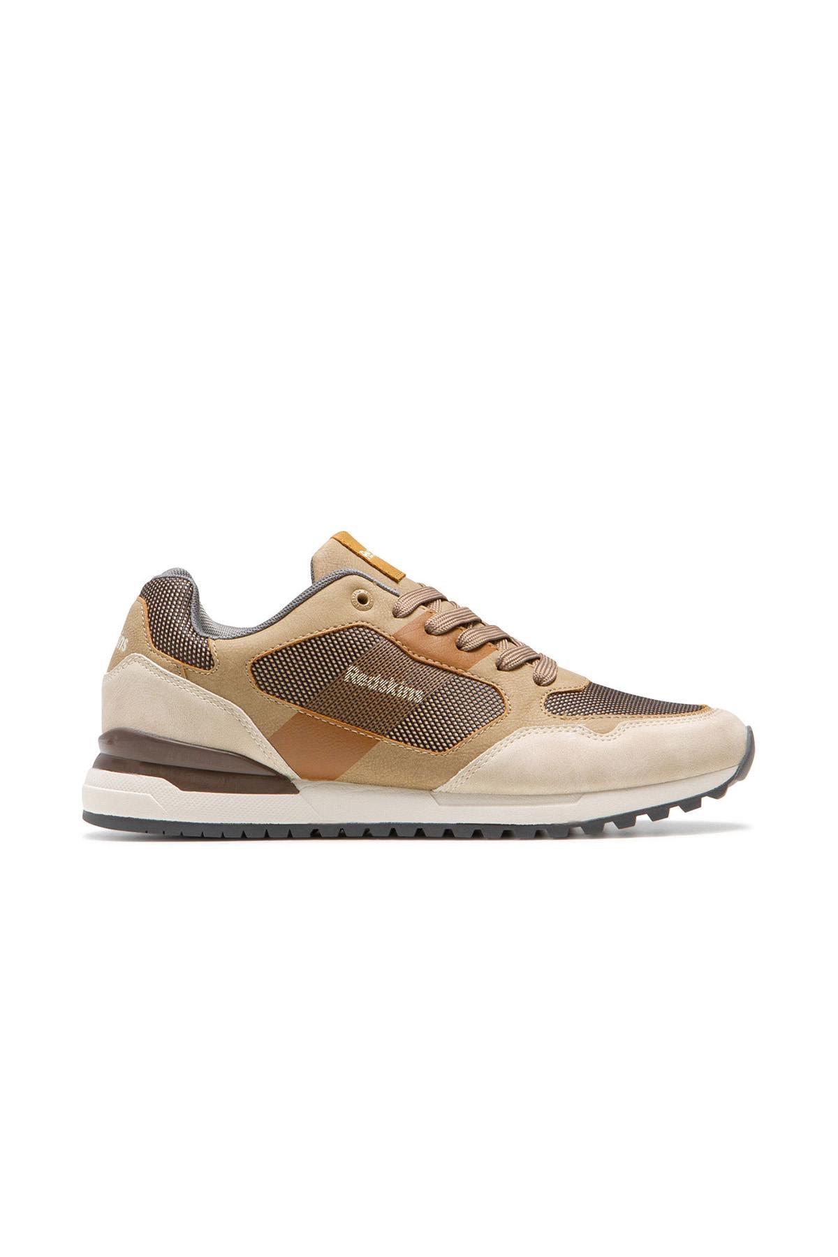 Taupe and cognac beige leather and textile sneakers - Image n°2