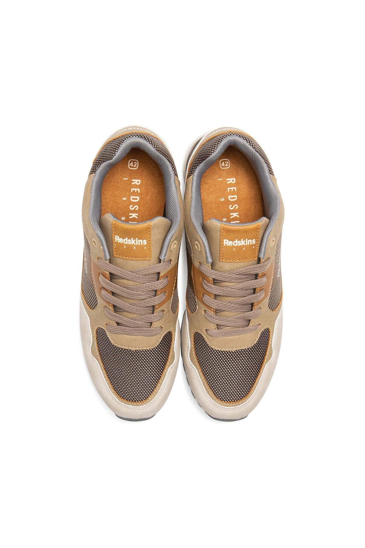 Taupe and cognac beige leather and textile sneakers - Image n°3