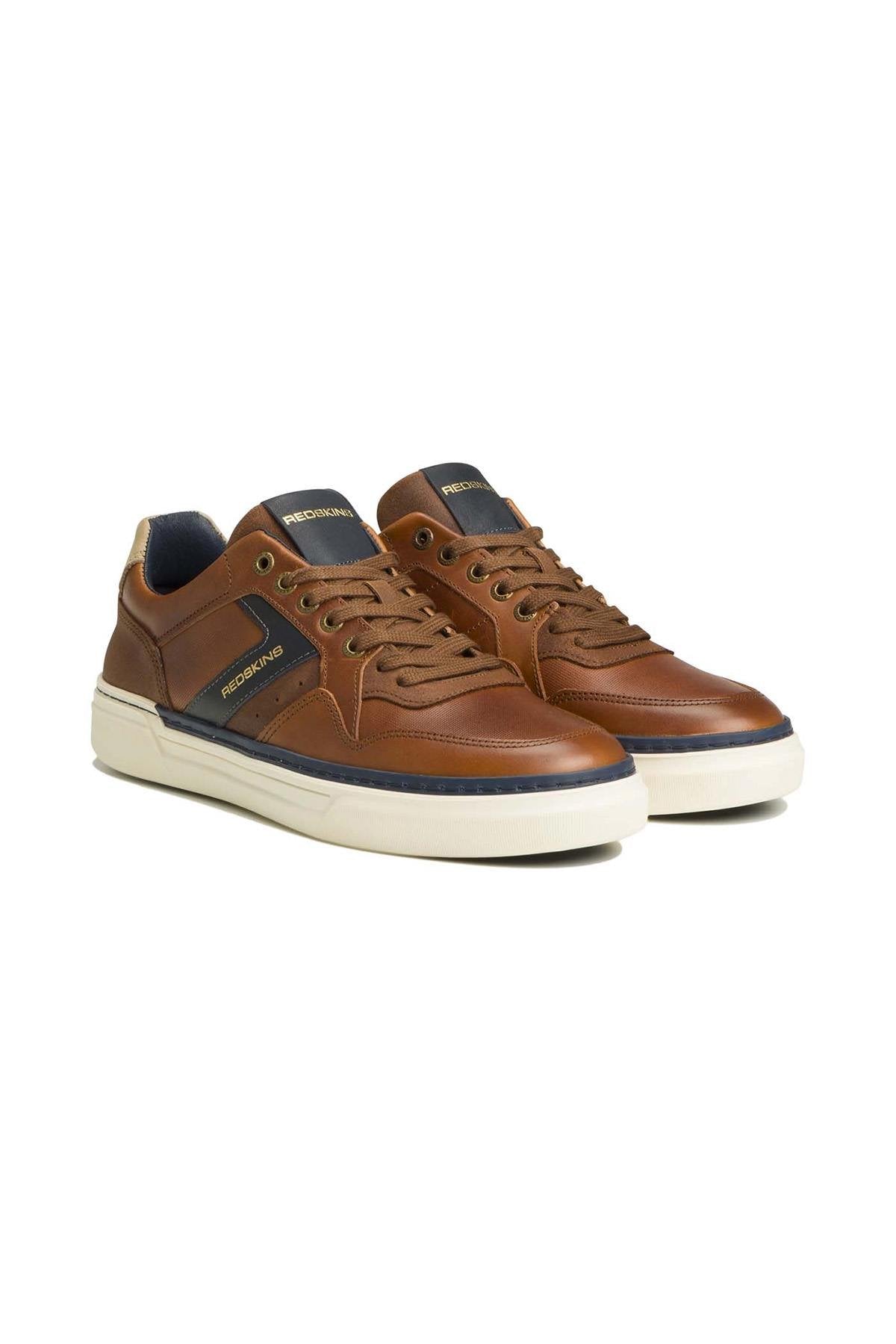 Men's leather sneakers in cognac, navy and ecru - Image n°1