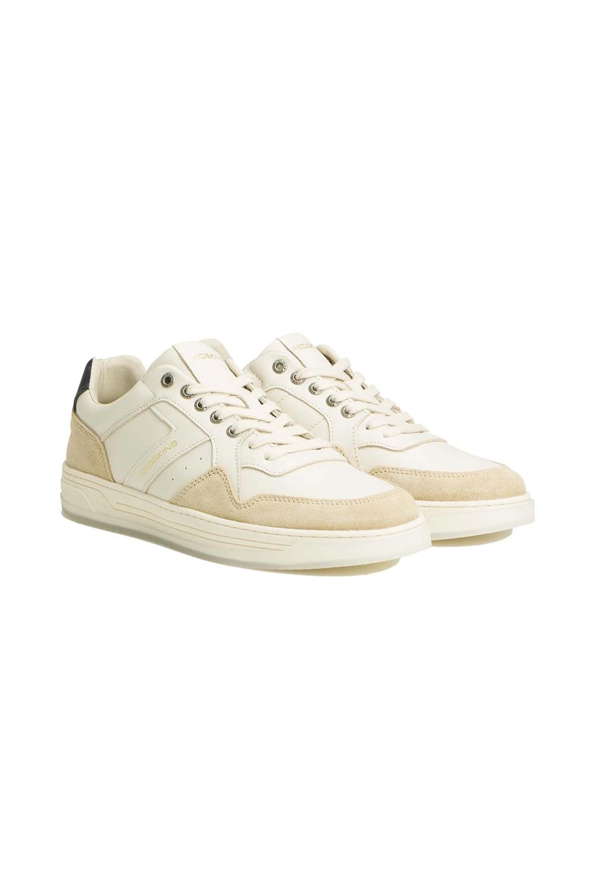 Trendy white, beige and navy blue leather sneakers - Image n°1