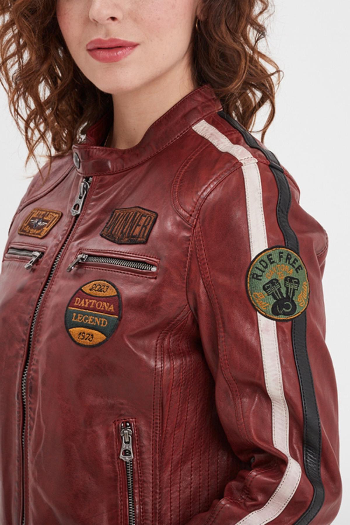 Women's Syrah Red Racing Leather Jacket - Image n°4