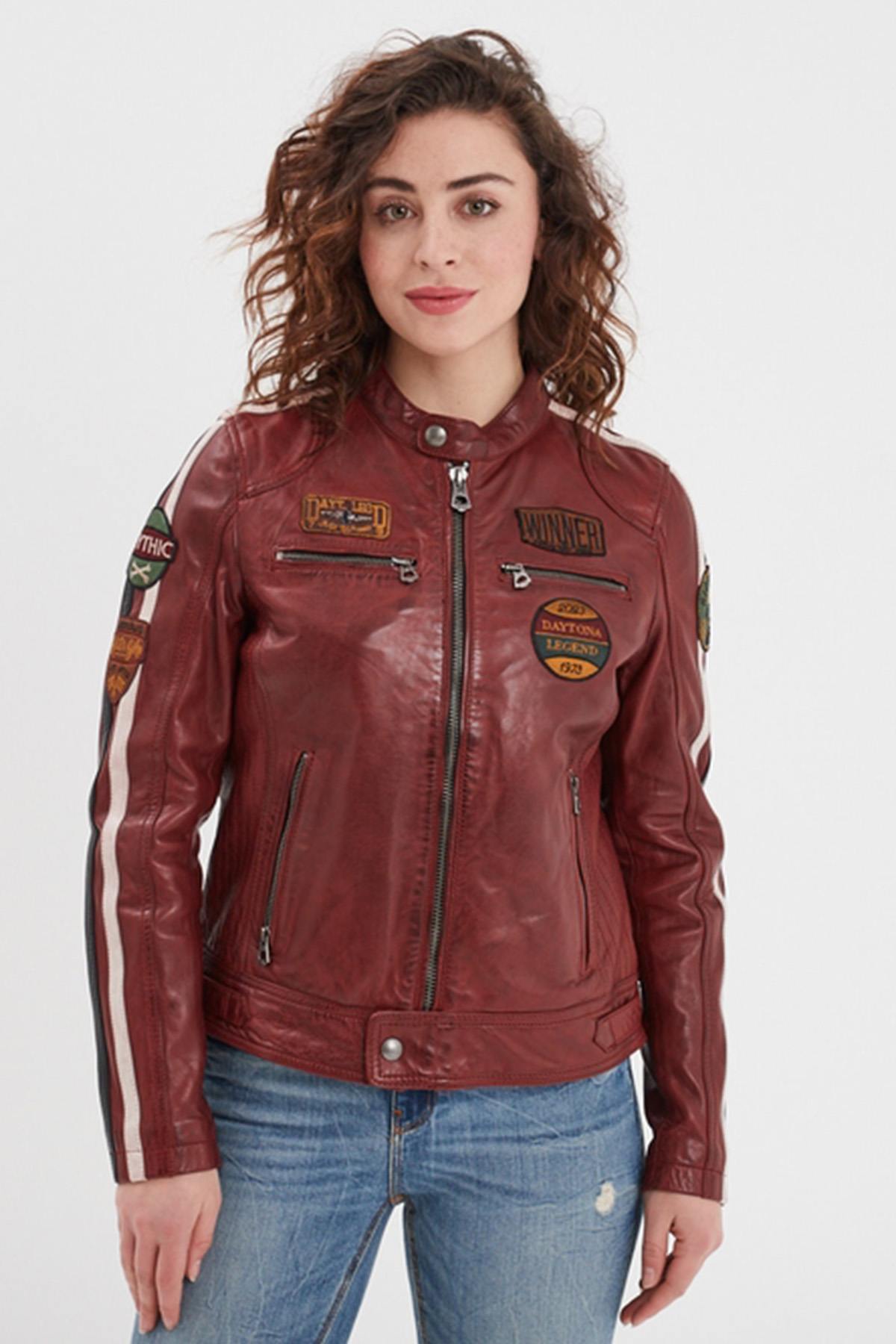 Women's Syrah Red Racing Leather Jacket - Image n°1