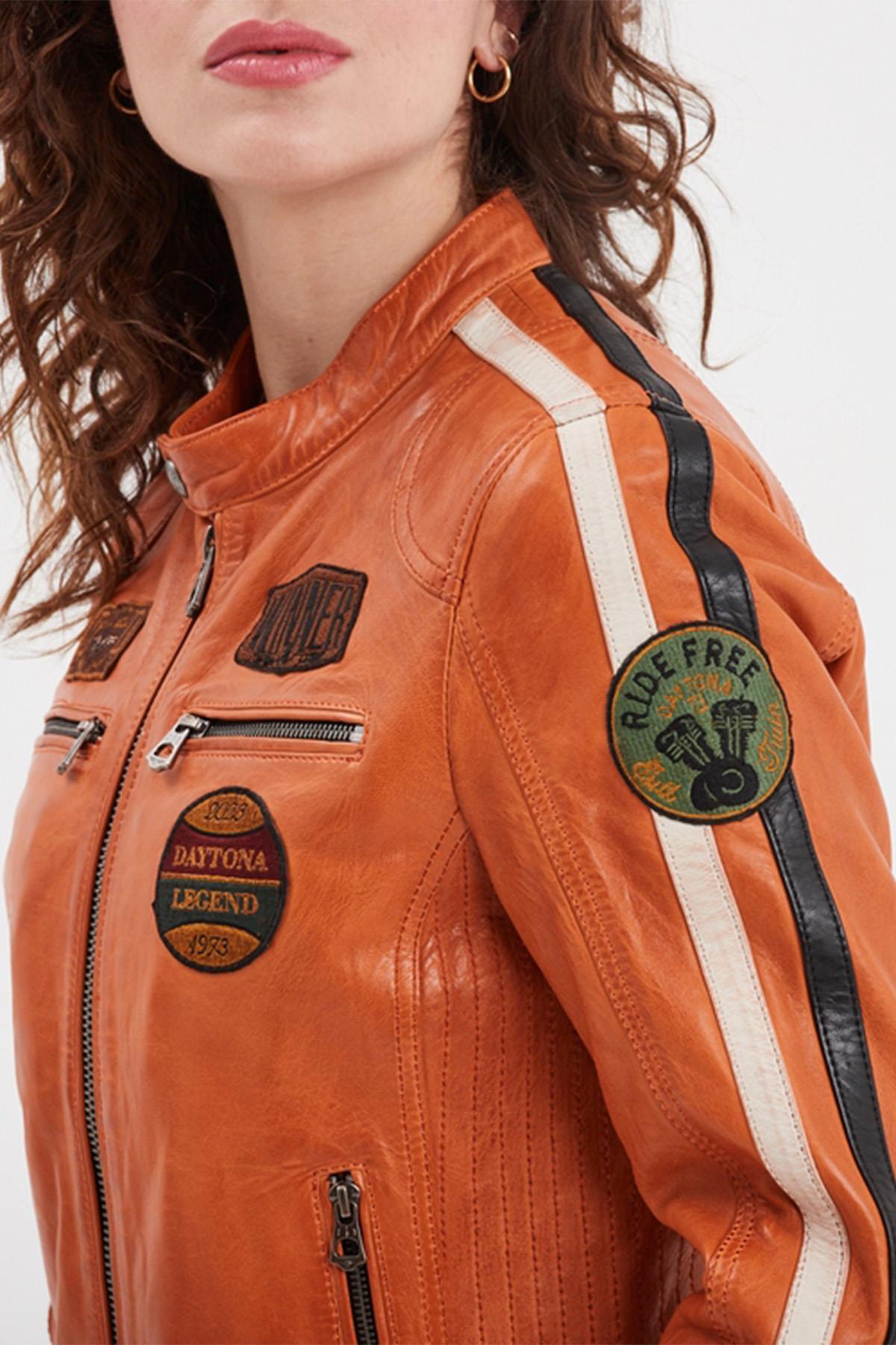 Orange racing leather jacket for women - Image n°7