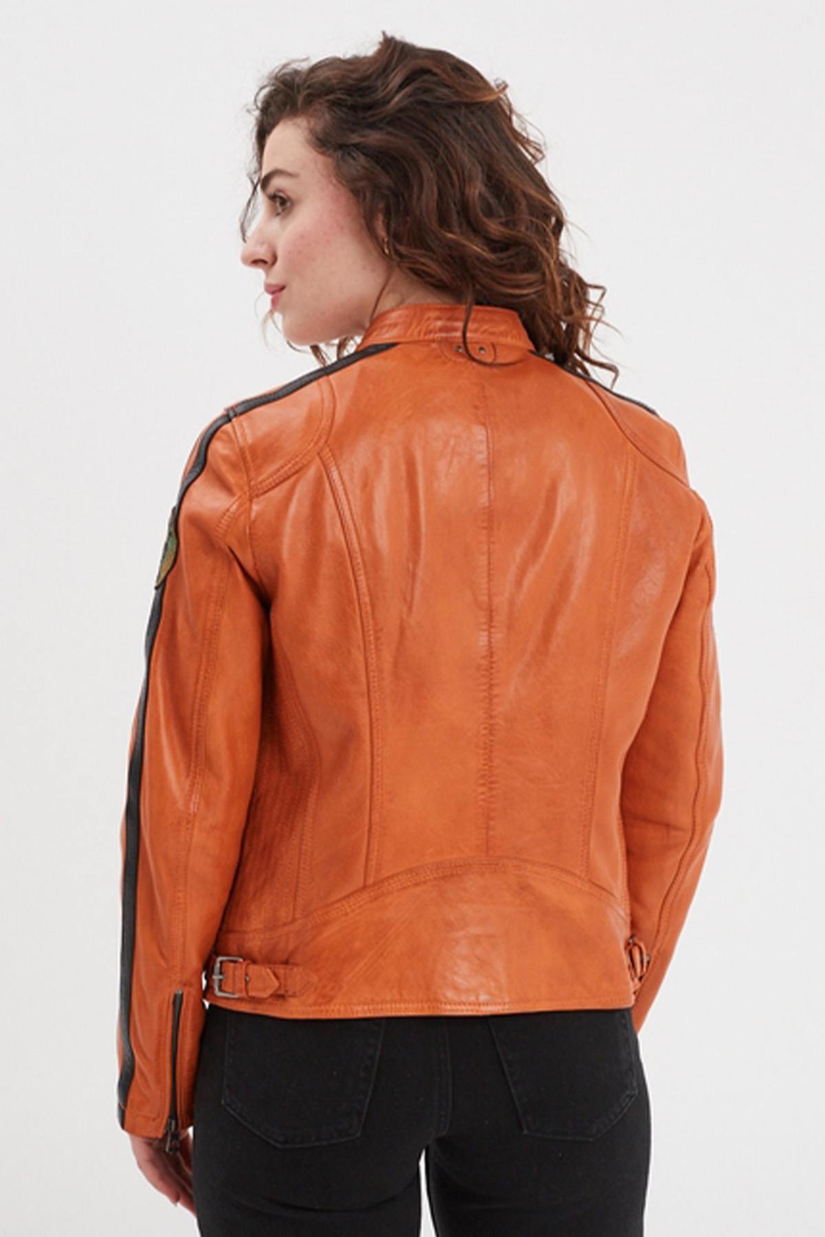 Orange racing leather jacket for women - Image n°5