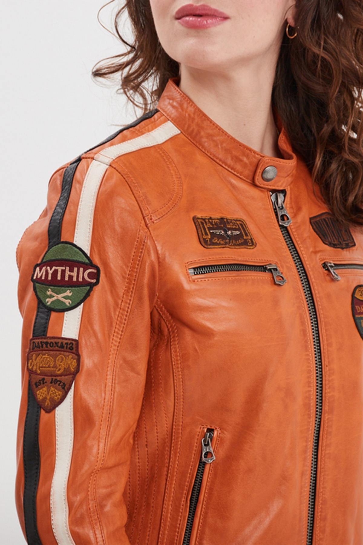 Orange racing leather jacket for women - Image n°6