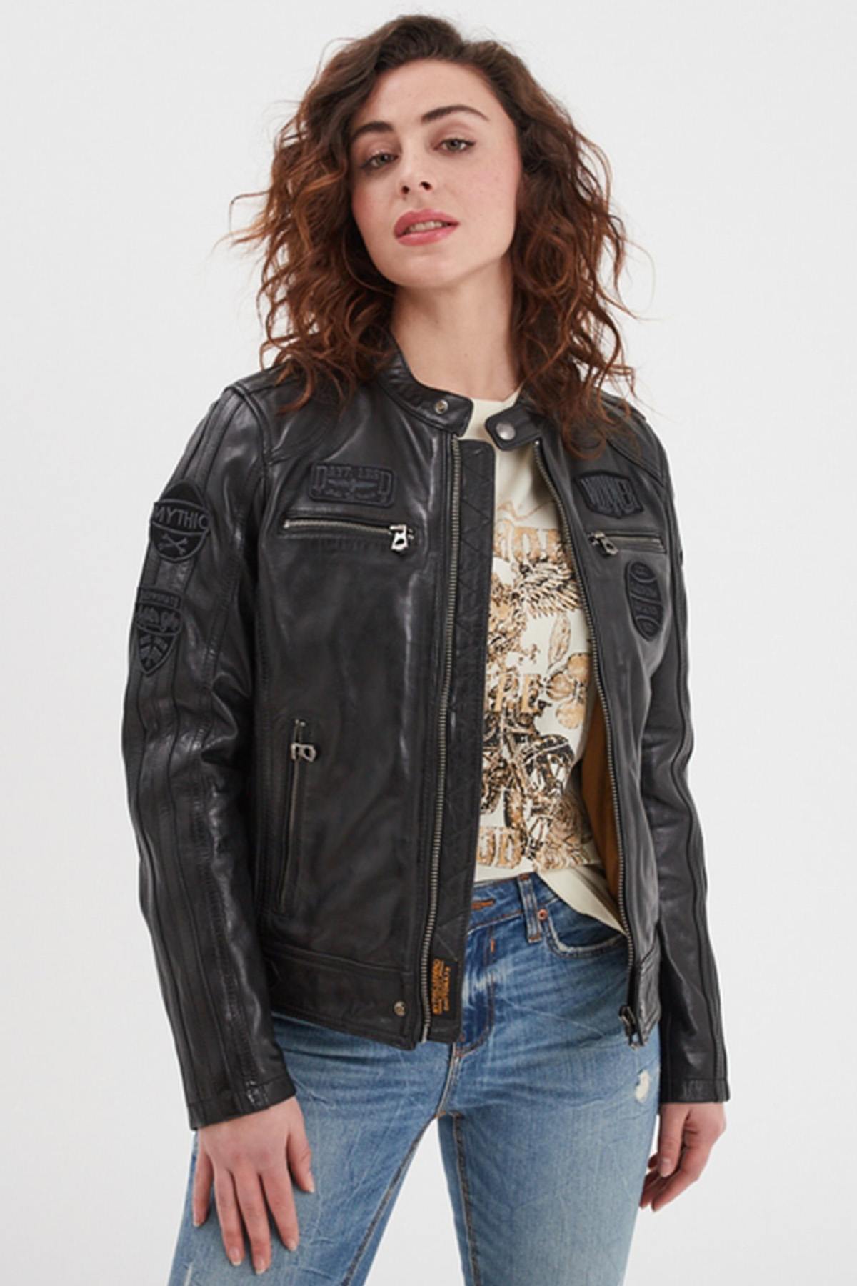 Black racing leather jacket for women - Image n°1