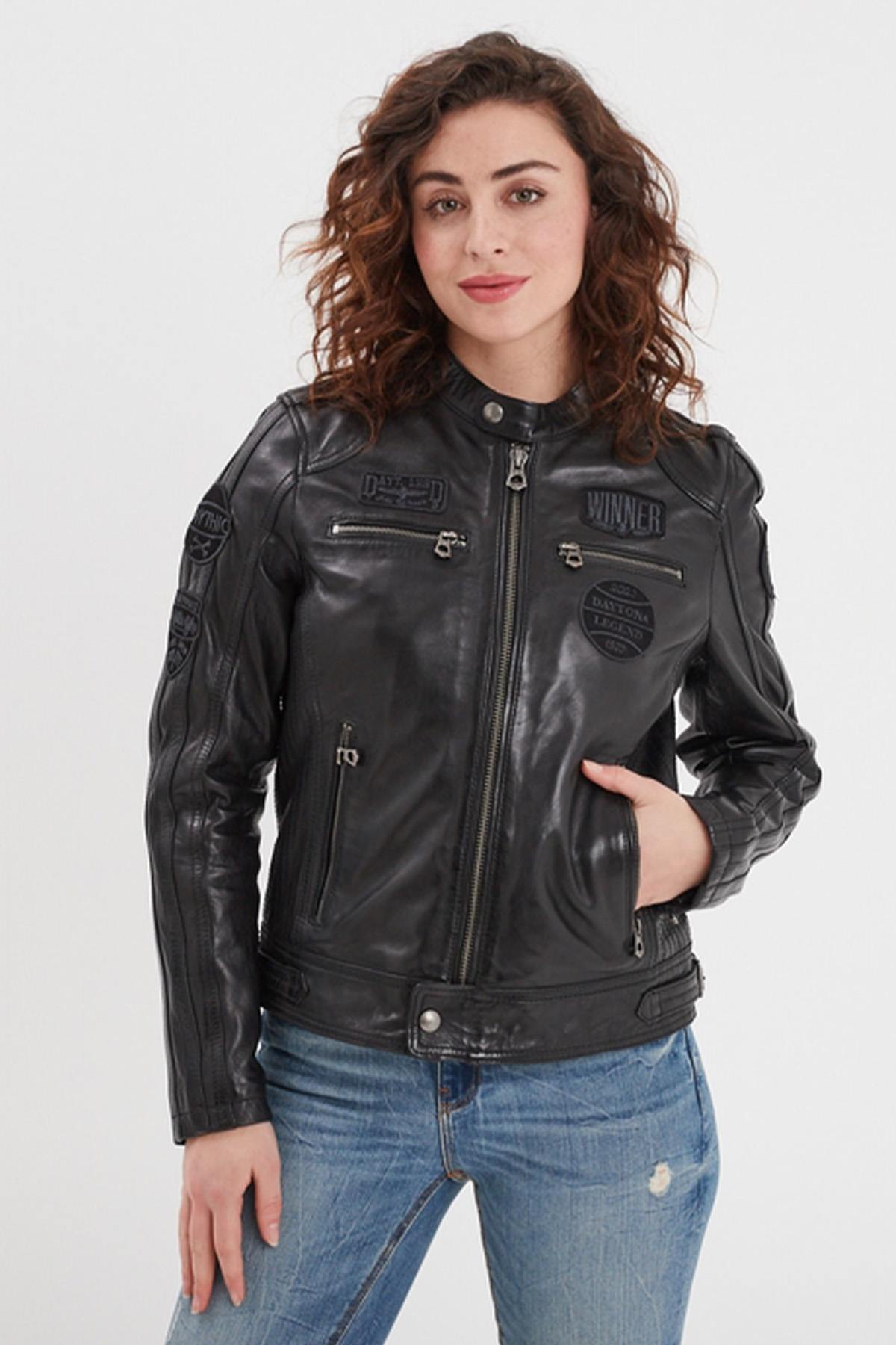 Black racing leather jacket for women - Image n°2