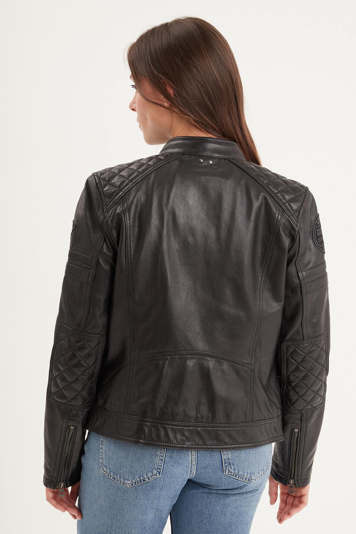 Black racing leather jacket with patches for women - Image n°3