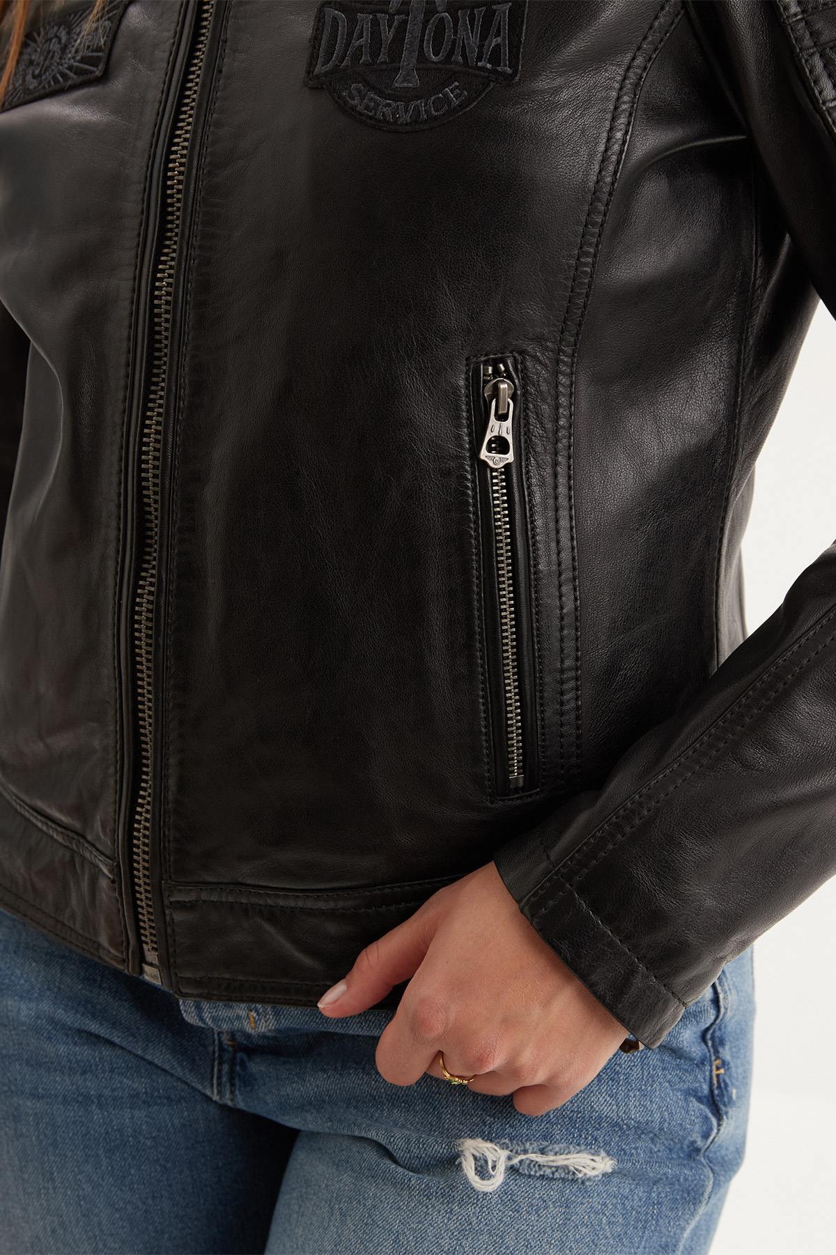 Black racing leather jacket with patches for women - Image n°6