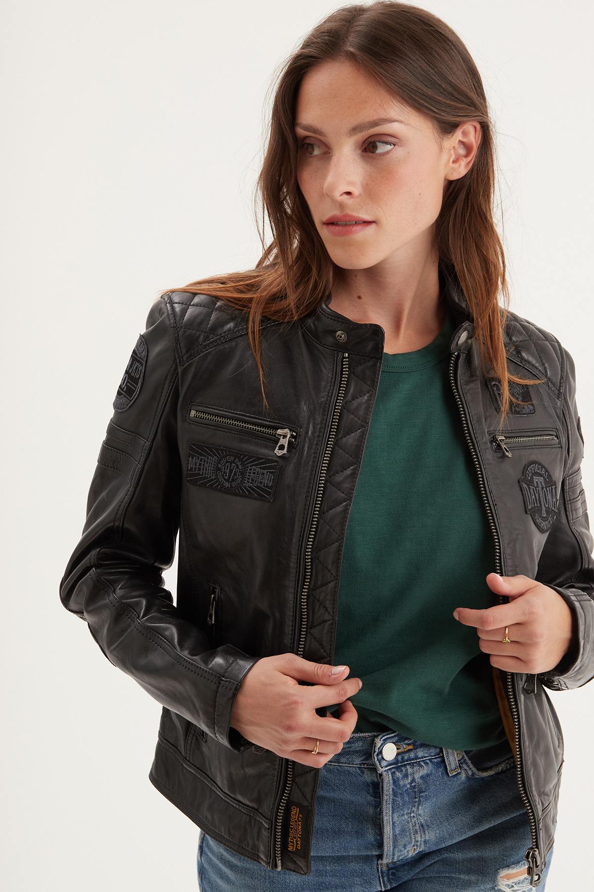 Black racing leather jacket with patches for women - Image n°1