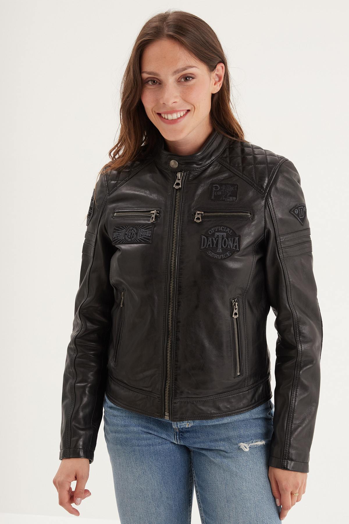 Black racing leather jacket with patches for women - Image n°2