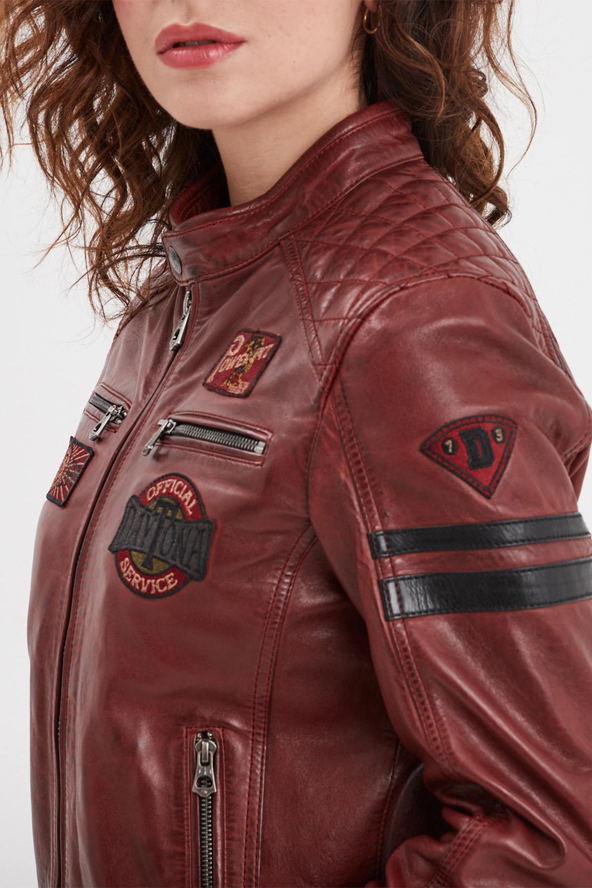 Women's Syrah Red Racing Leather Jacket with Patches - Image n°6