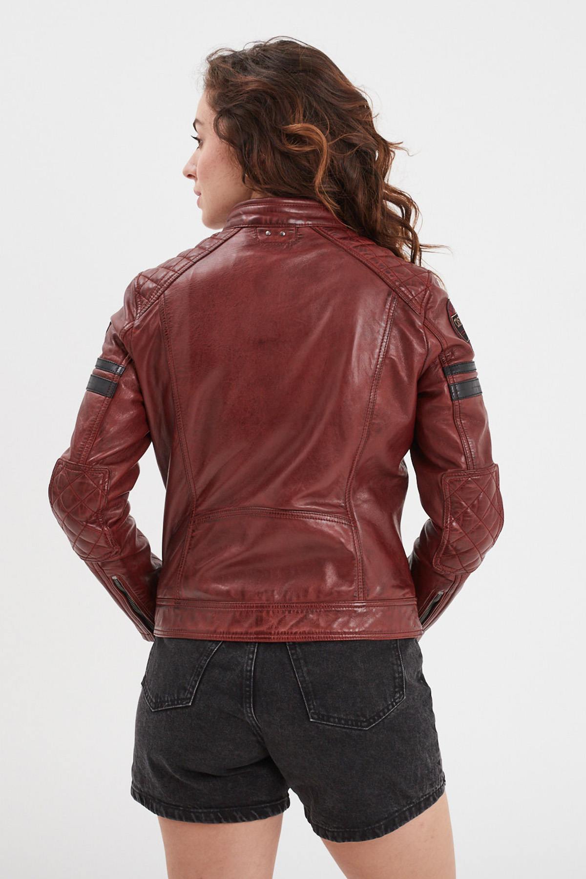 Women's Syrah Red Racing Leather Jacket with Patches - Image n°3