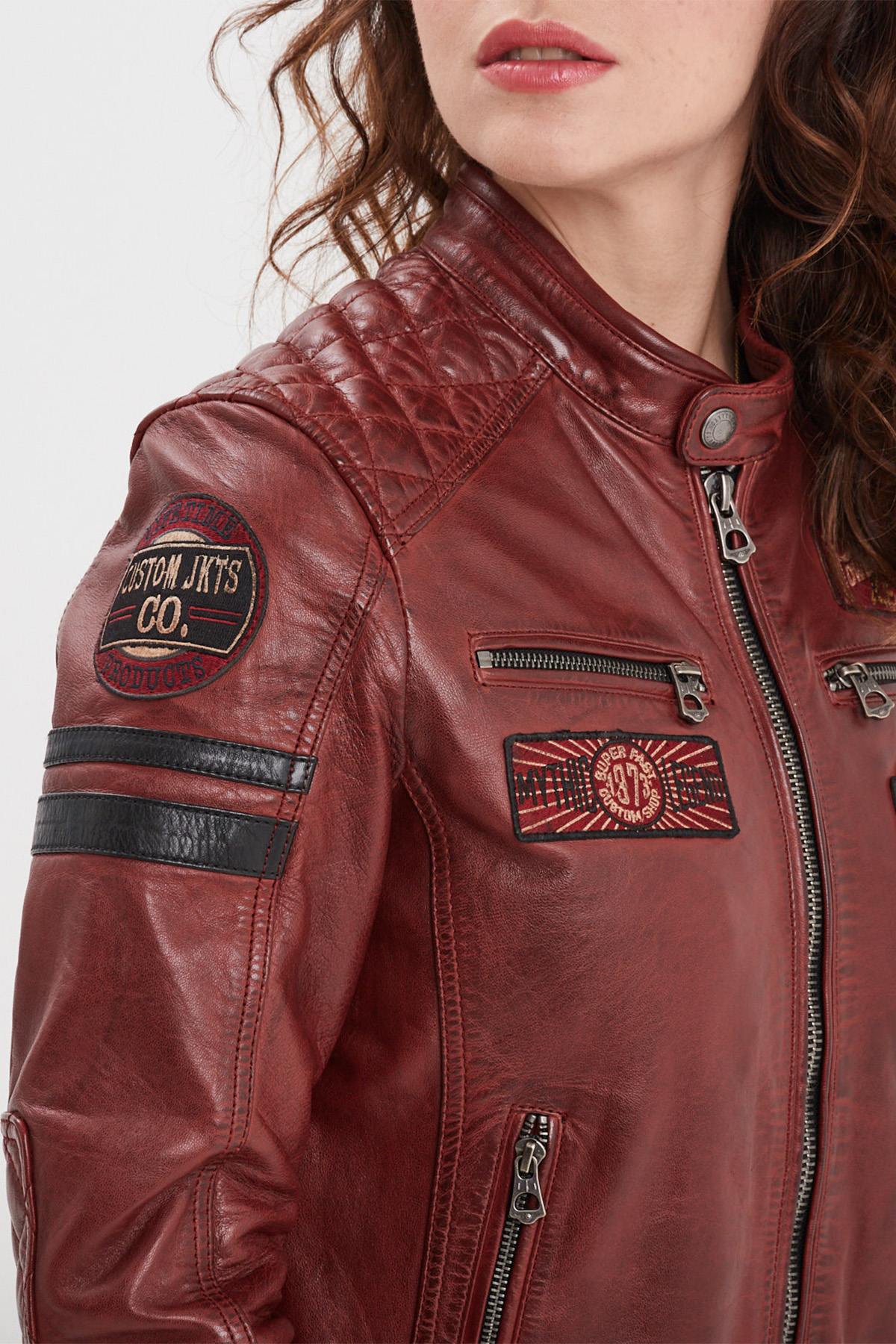 Women's Syrah Red Racing Leather Jacket with Patches - Image n°2