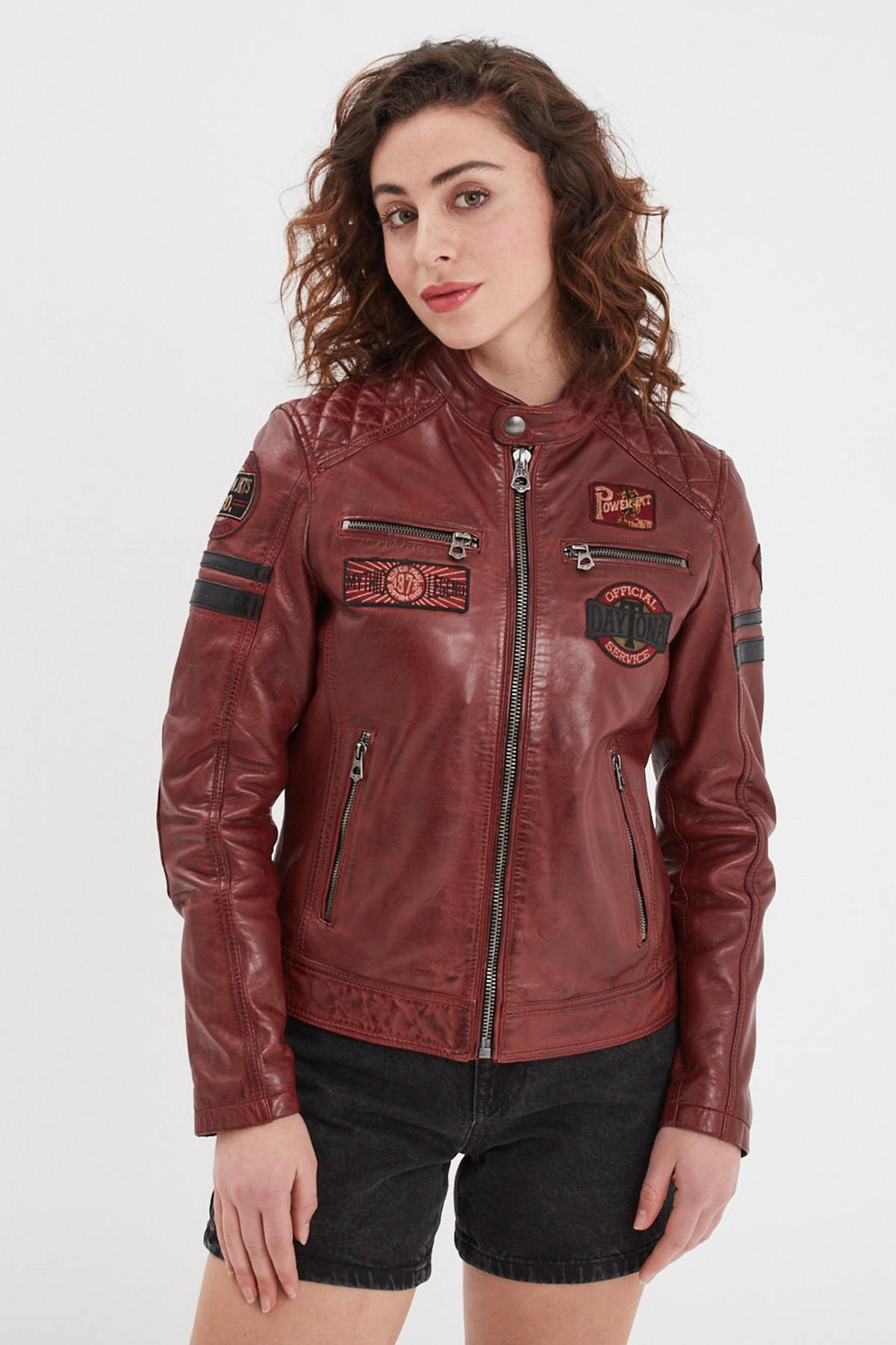 Women's Syrah Red Racing Leather Jacket with Patches - Image n°5