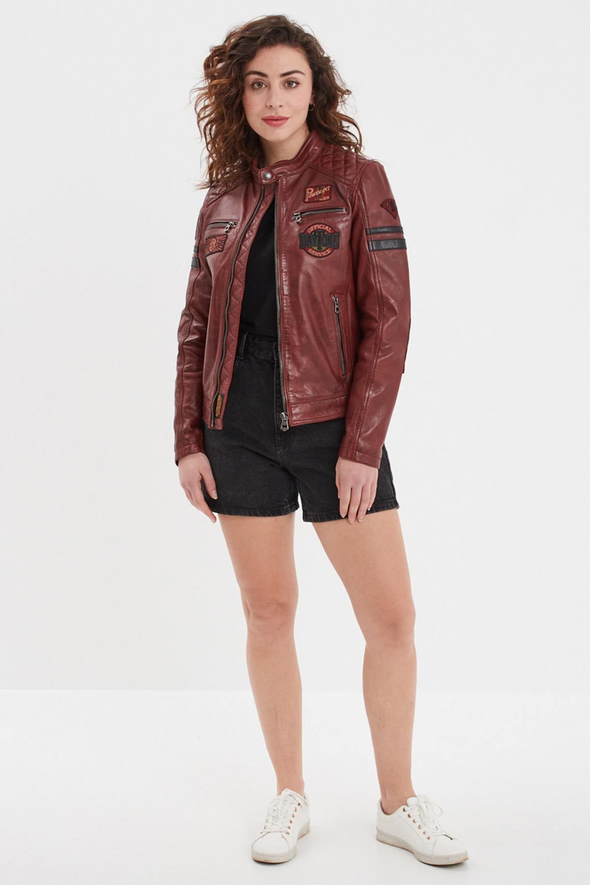 Women's Syrah Red Racing Leather Jacket with Patches - Image n°7