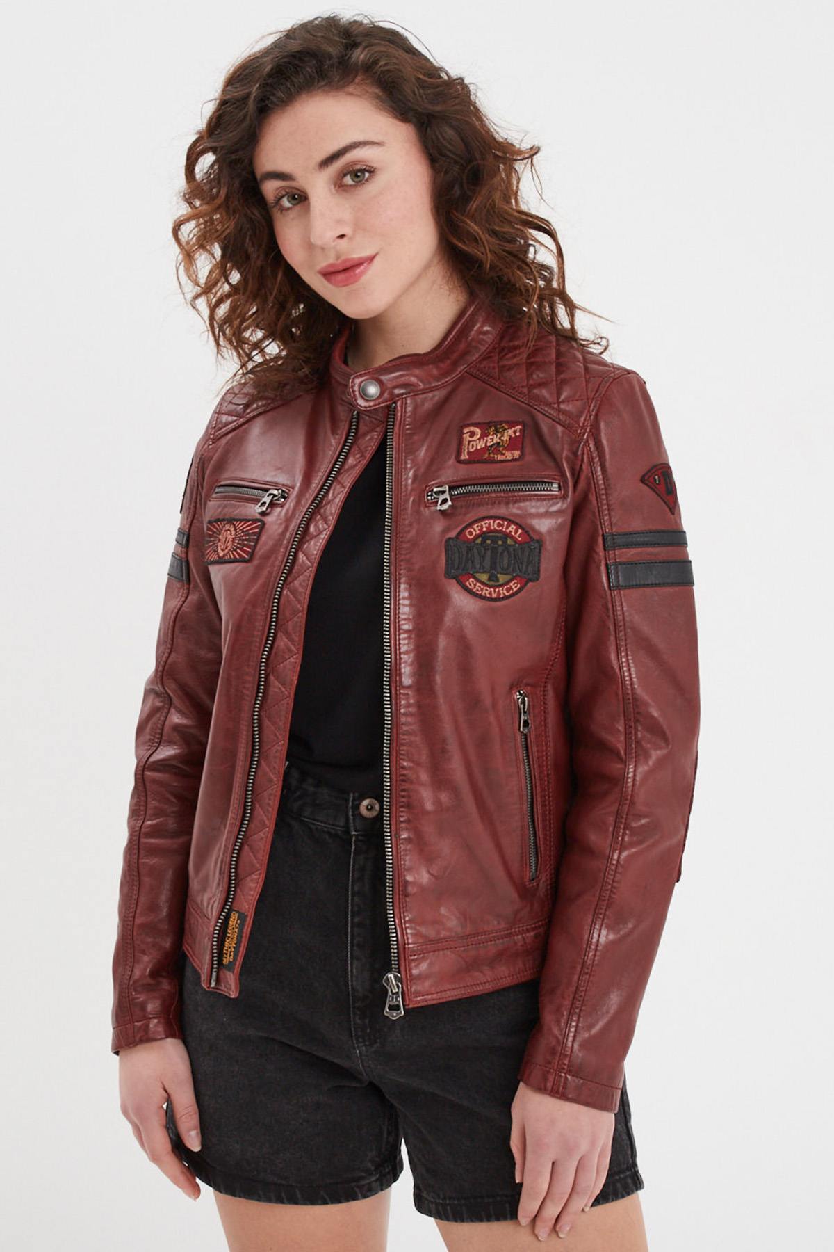 Women's Syrah Red Racing Leather Jacket with Patches - Image n°1