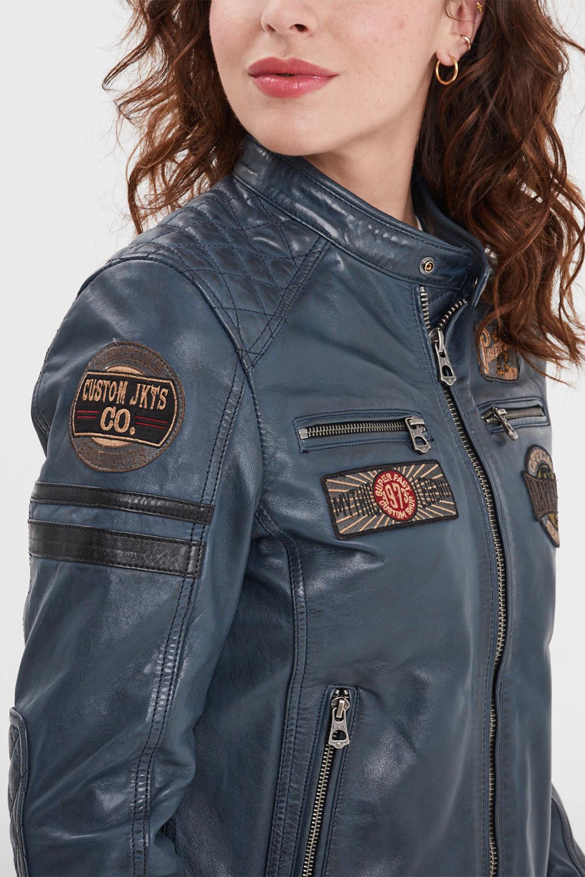 Women's blue racing leather jacket with patches - Image n°11