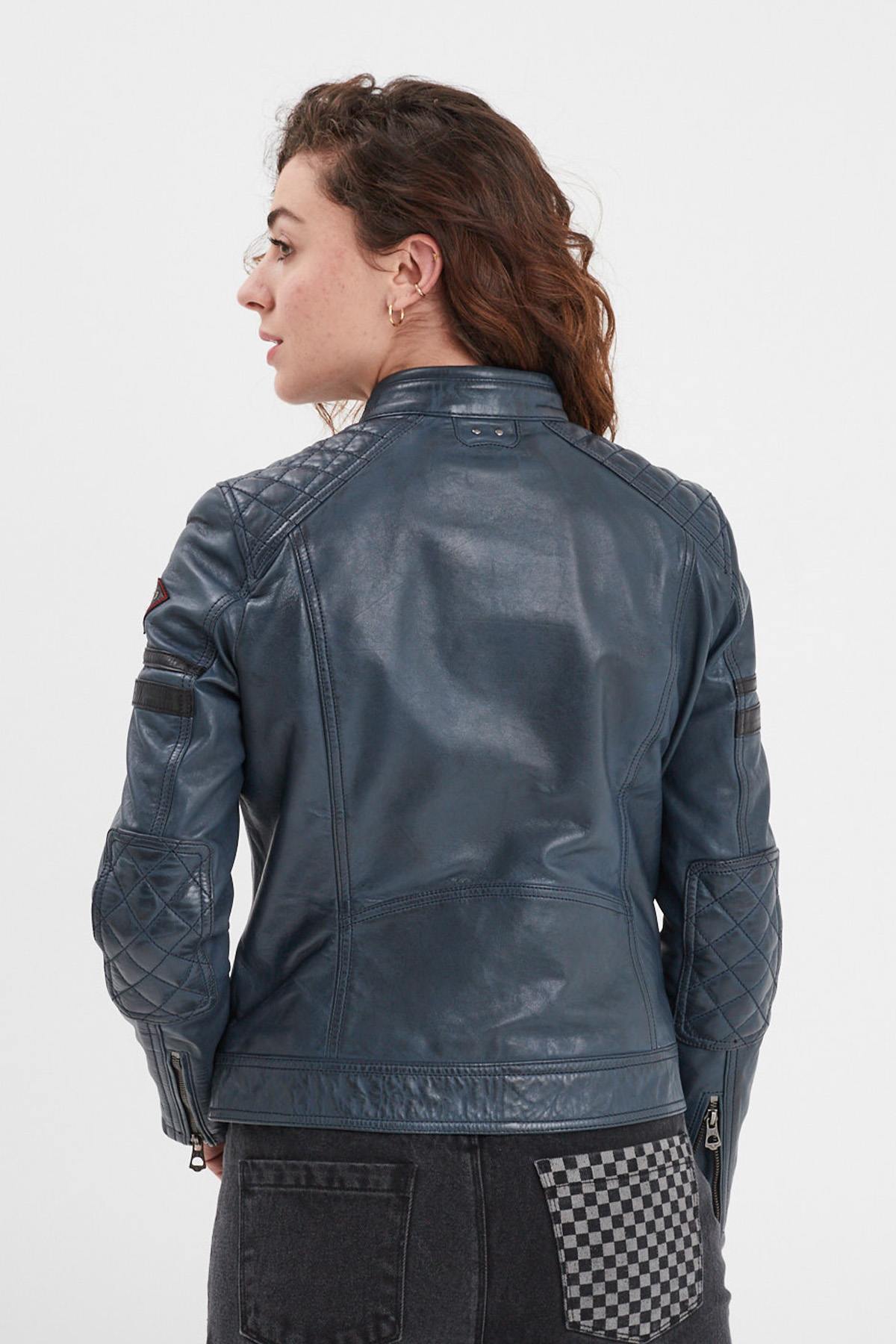 Women's blue racing leather jacket with patches - Image n°6