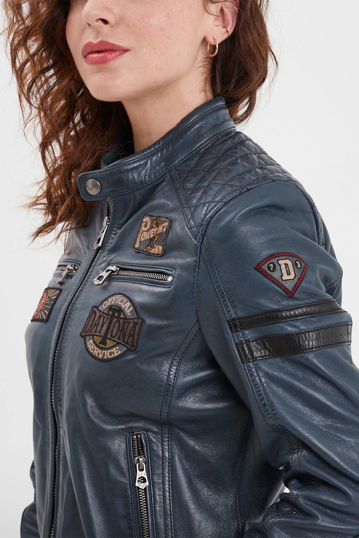 Women's blue racing leather jacket with patches - Image n°7