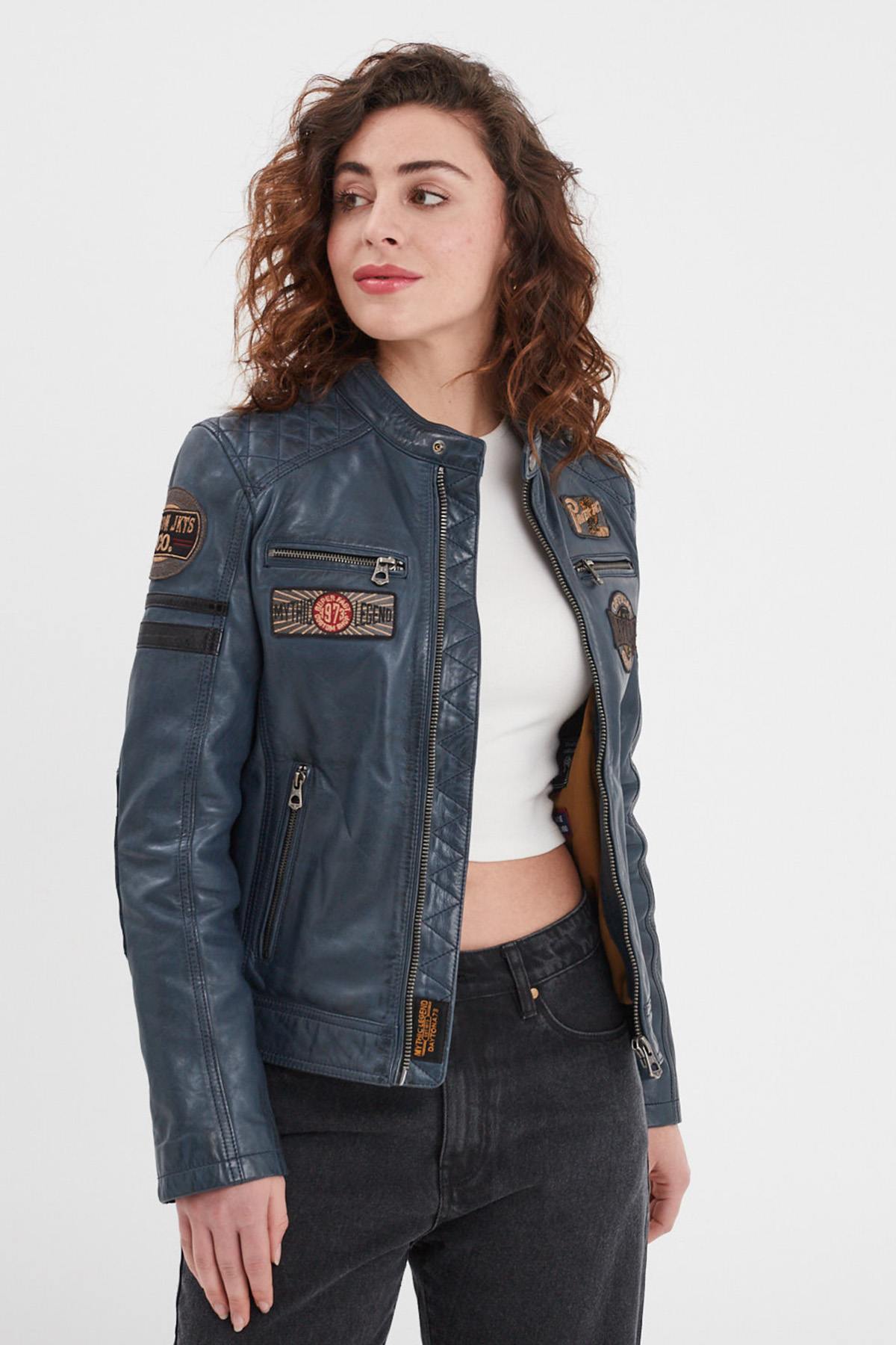 Women's blue racing leather jacket with patches - Image n°8