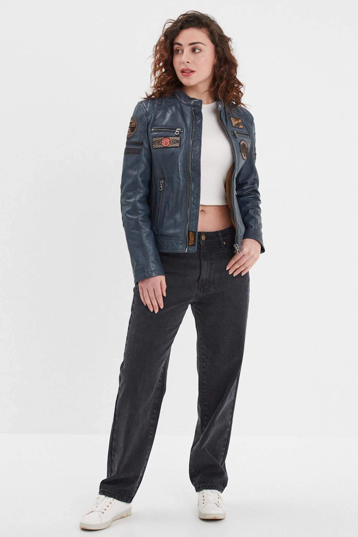 Women's blue racing leather jacket with patches - Image n°5