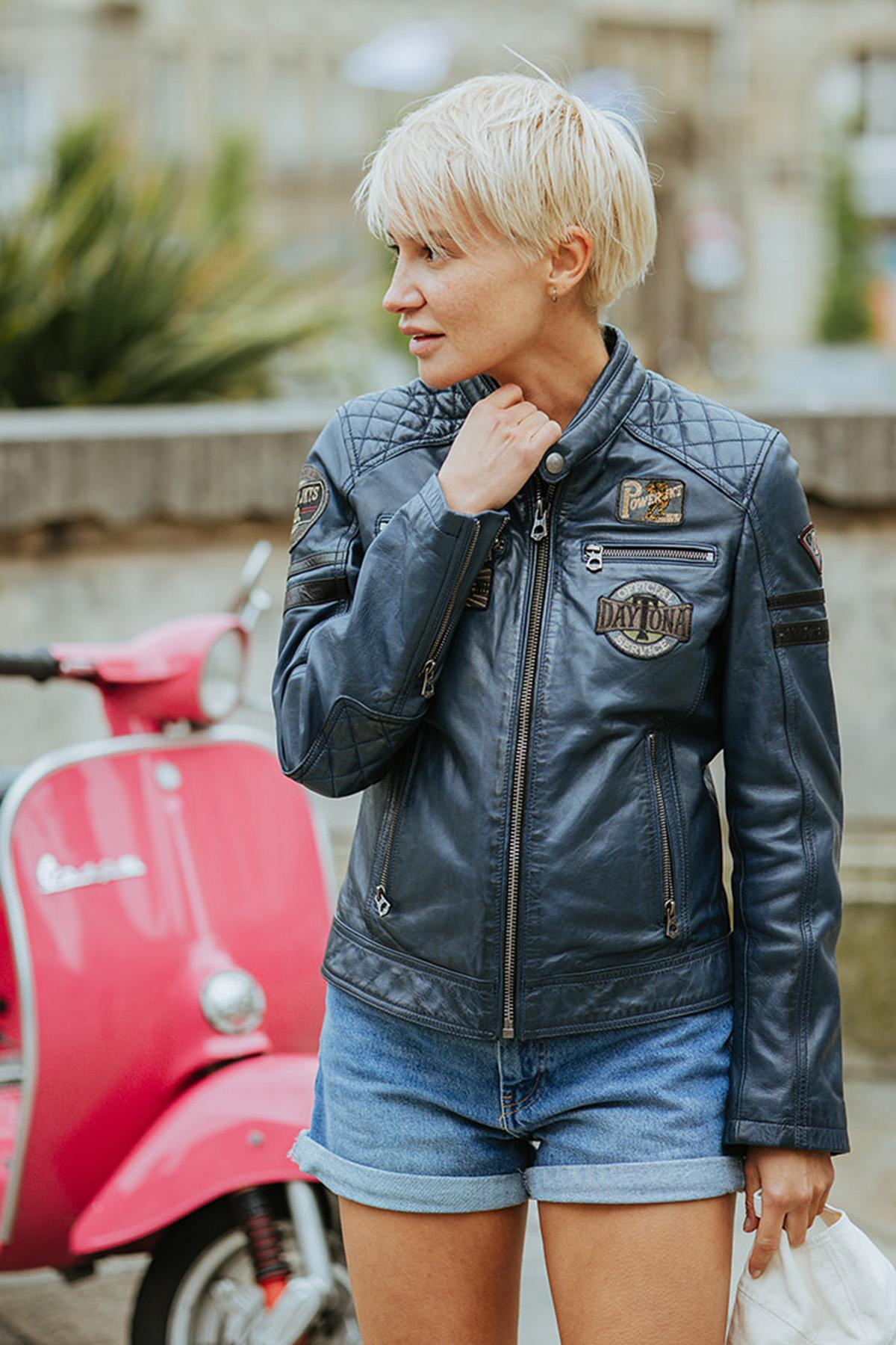 Women's blue racing leather jacket with patches - Image n°1